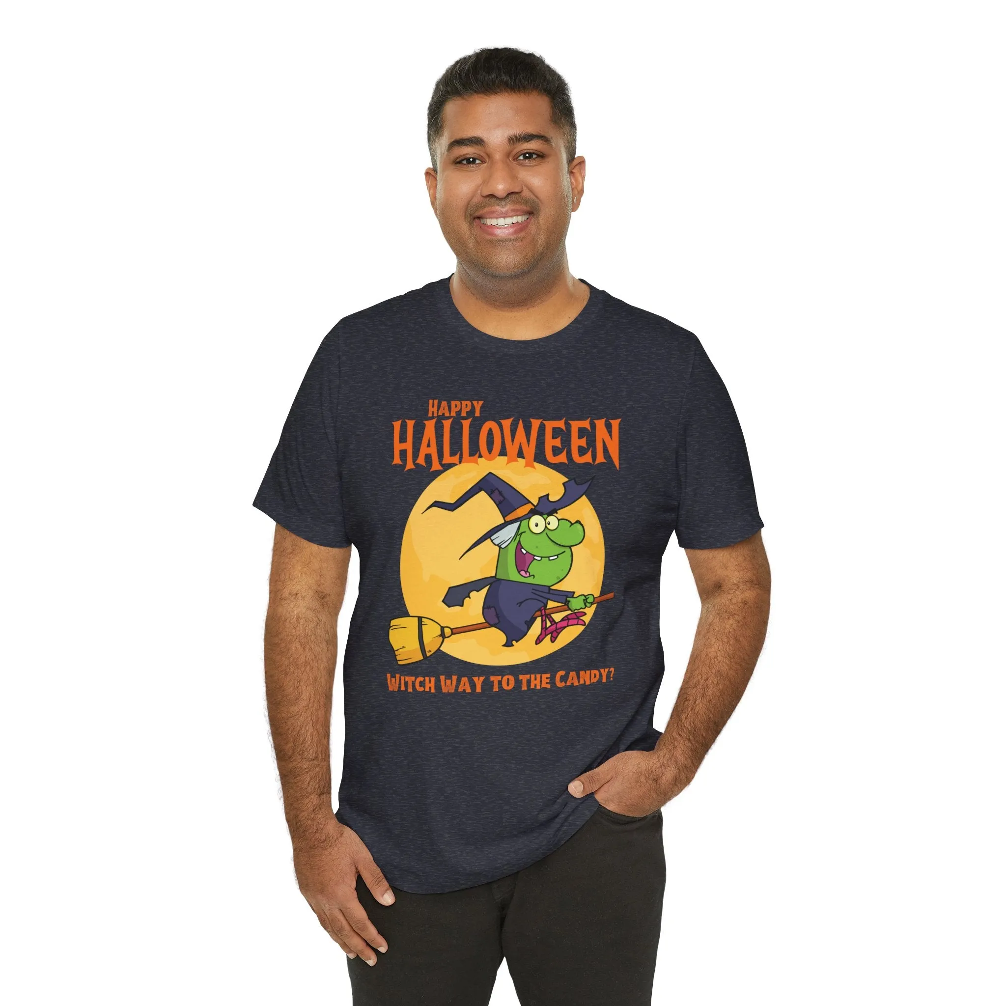 Happy Halloween Witch Way to the Candy T-Shirt | Flying Witch Front of the Moon Tee |  Bella Canvas 3001Unisex | Funny Short Sleeve Tshirt