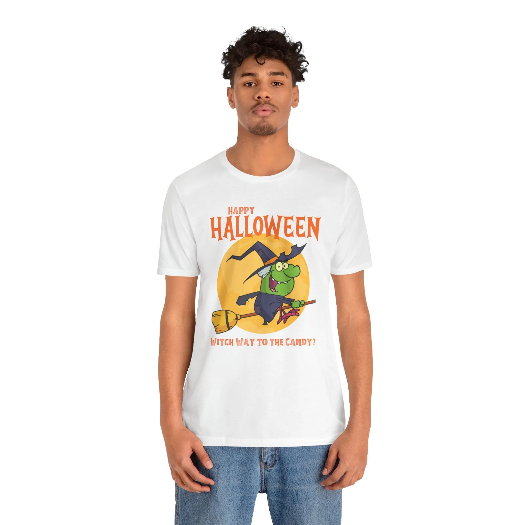 Happy Halloween Witch Way to the Candy T-Shirt | Flying Witch Front of the Moon Tee |  Bella Canvas 3001Unisex | Funny Short Sleeve Tshirt