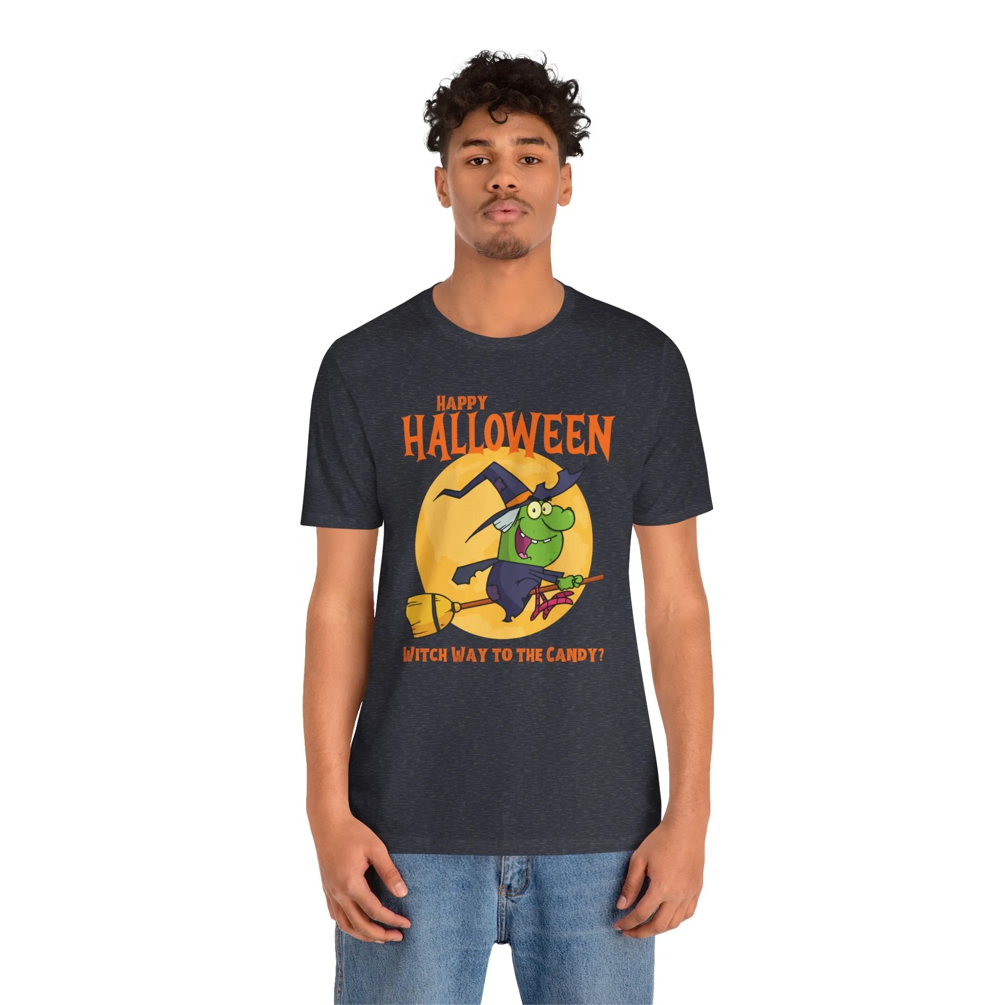 Happy Halloween Witch Way to the Candy T-Shirt | Flying Witch Front of the Moon Tee |  Bella Canvas 3001Unisex | Funny Short Sleeve Tshirt
