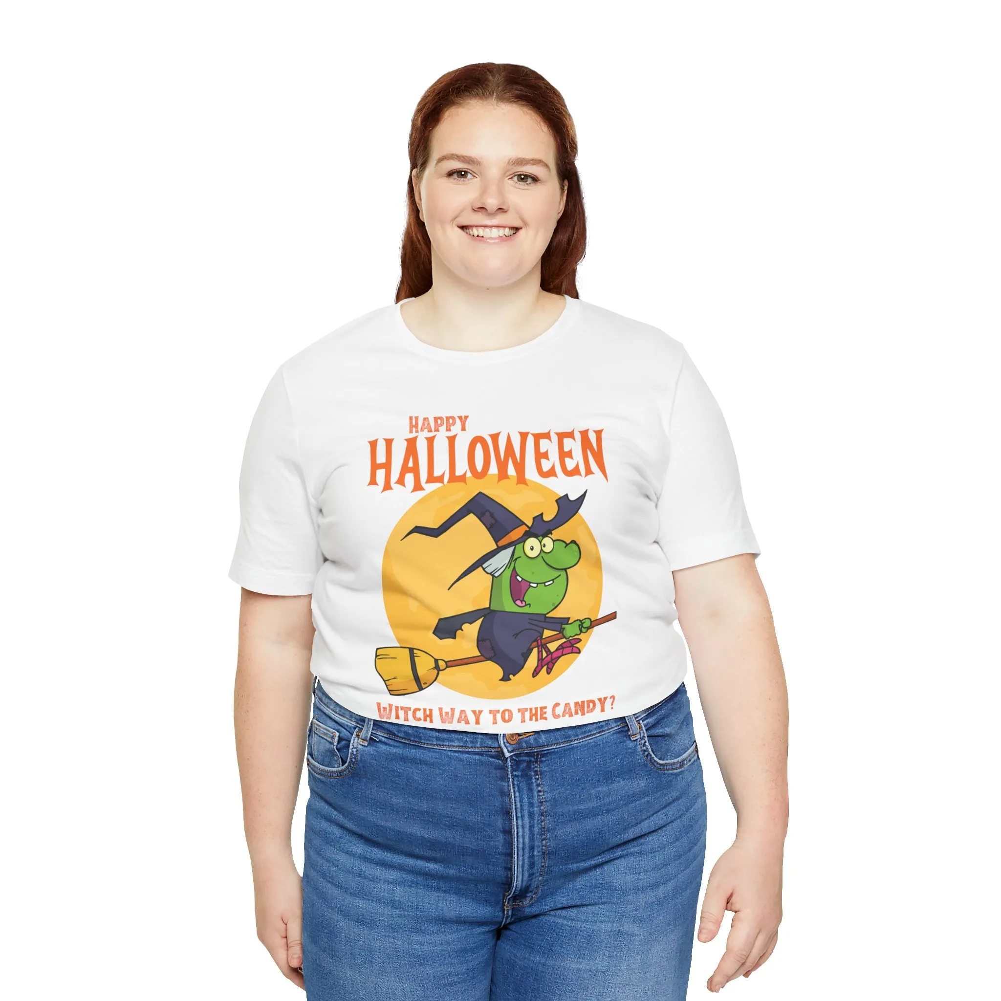 Happy Halloween Witch Way to the Candy T-Shirt | Flying Witch Front of the Moon Tee |  Bella Canvas 3001Unisex | Funny Short Sleeve Tshirt