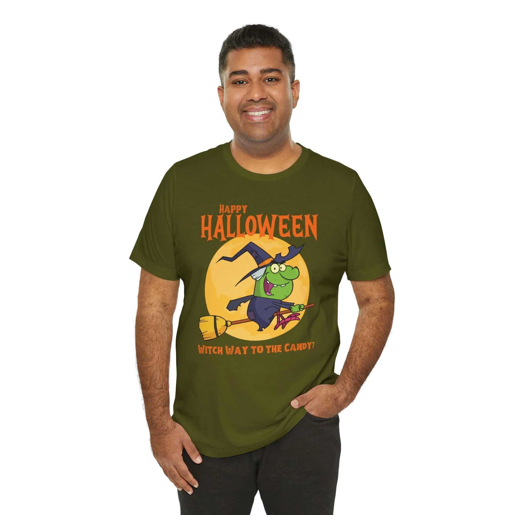 Happy Halloween Witch Way to the Candy T-Shirt | Flying Witch Front of the Moon Tee |  Bella Canvas 3001Unisex | Funny Short Sleeve Tshirt