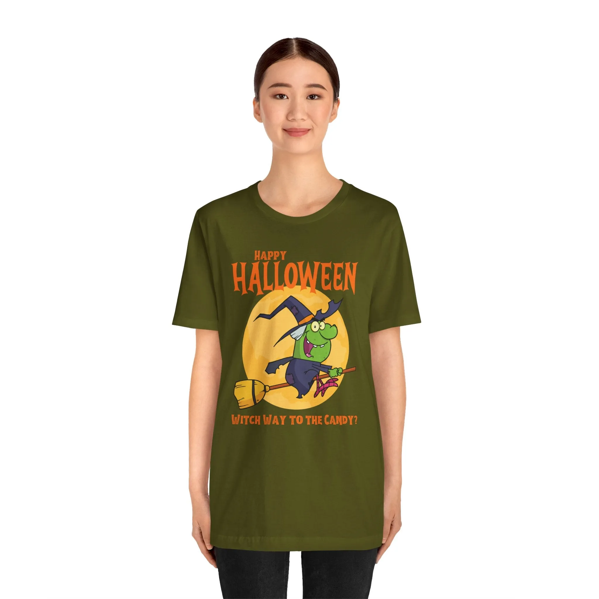 Happy Halloween Witch Way to the Candy T-Shirt | Flying Witch Front of the Moon Tee |  Bella Canvas 3001Unisex | Funny Short Sleeve Tshirt