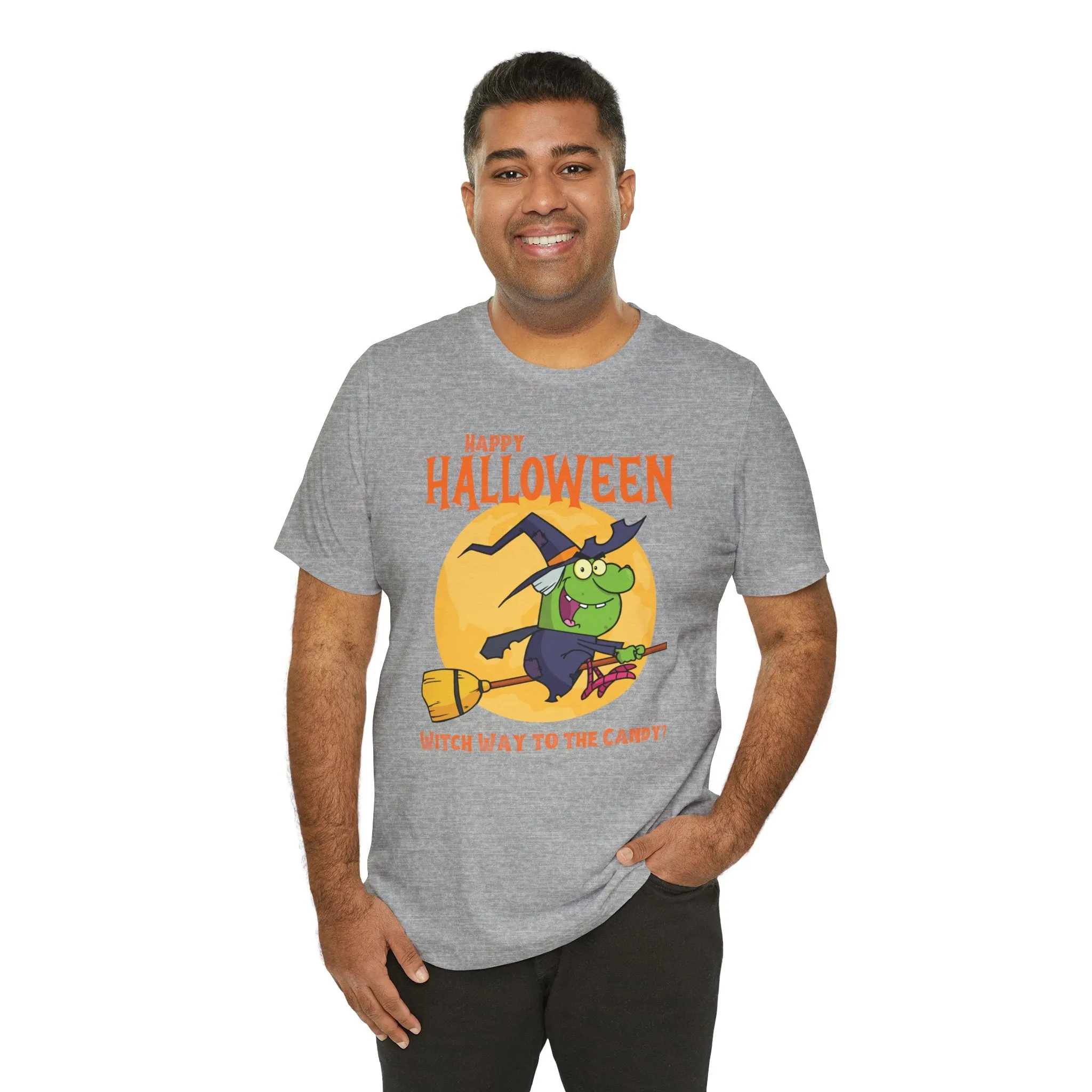 Happy Halloween Witch Way to the Candy T-Shirt | Flying Witch Front of the Moon Tee |  Bella Canvas 3001Unisex | Funny Short Sleeve Tshirt