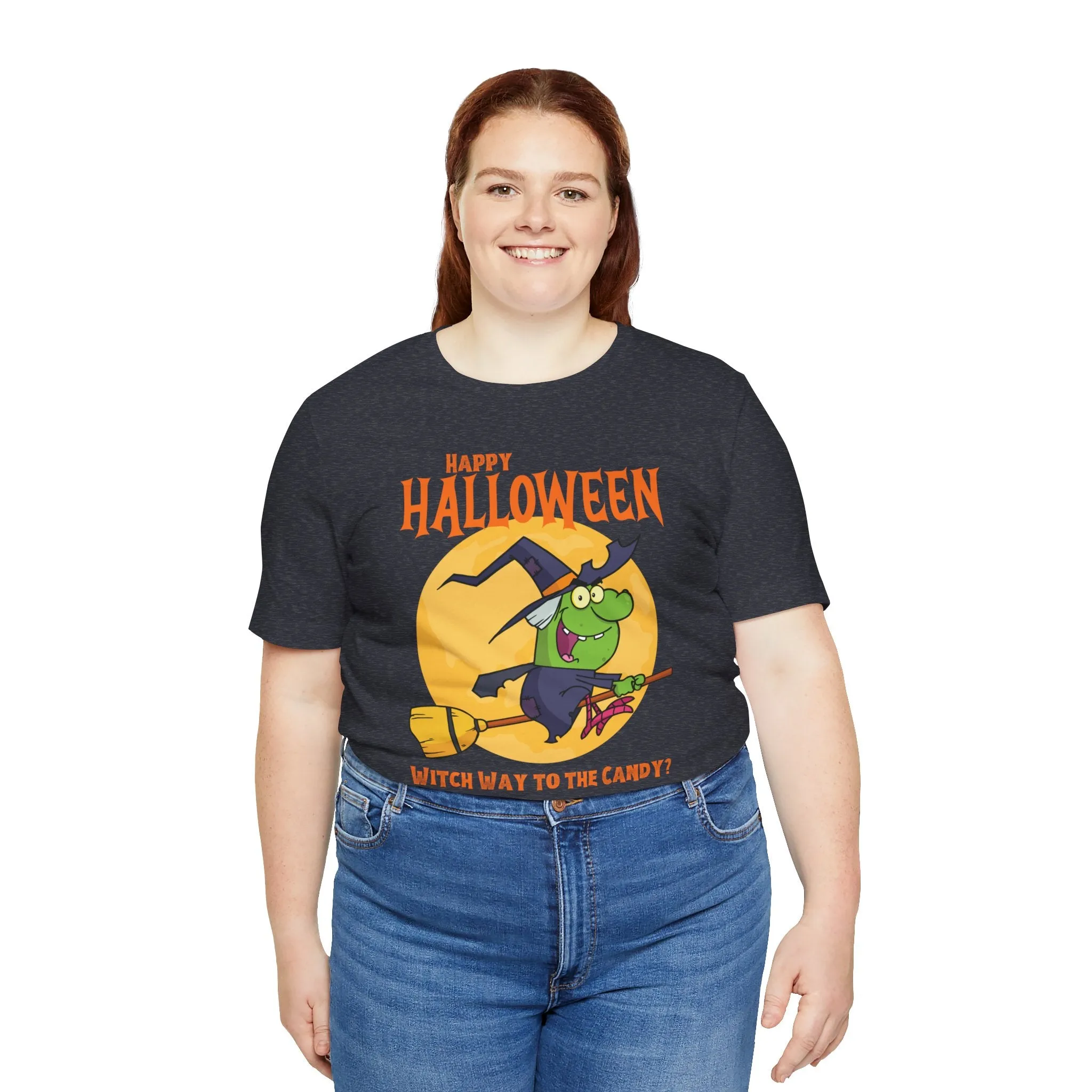 Happy Halloween Witch Way to the Candy T-Shirt | Flying Witch Front of the Moon Tee |  Bella Canvas 3001Unisex | Funny Short Sleeve Tshirt