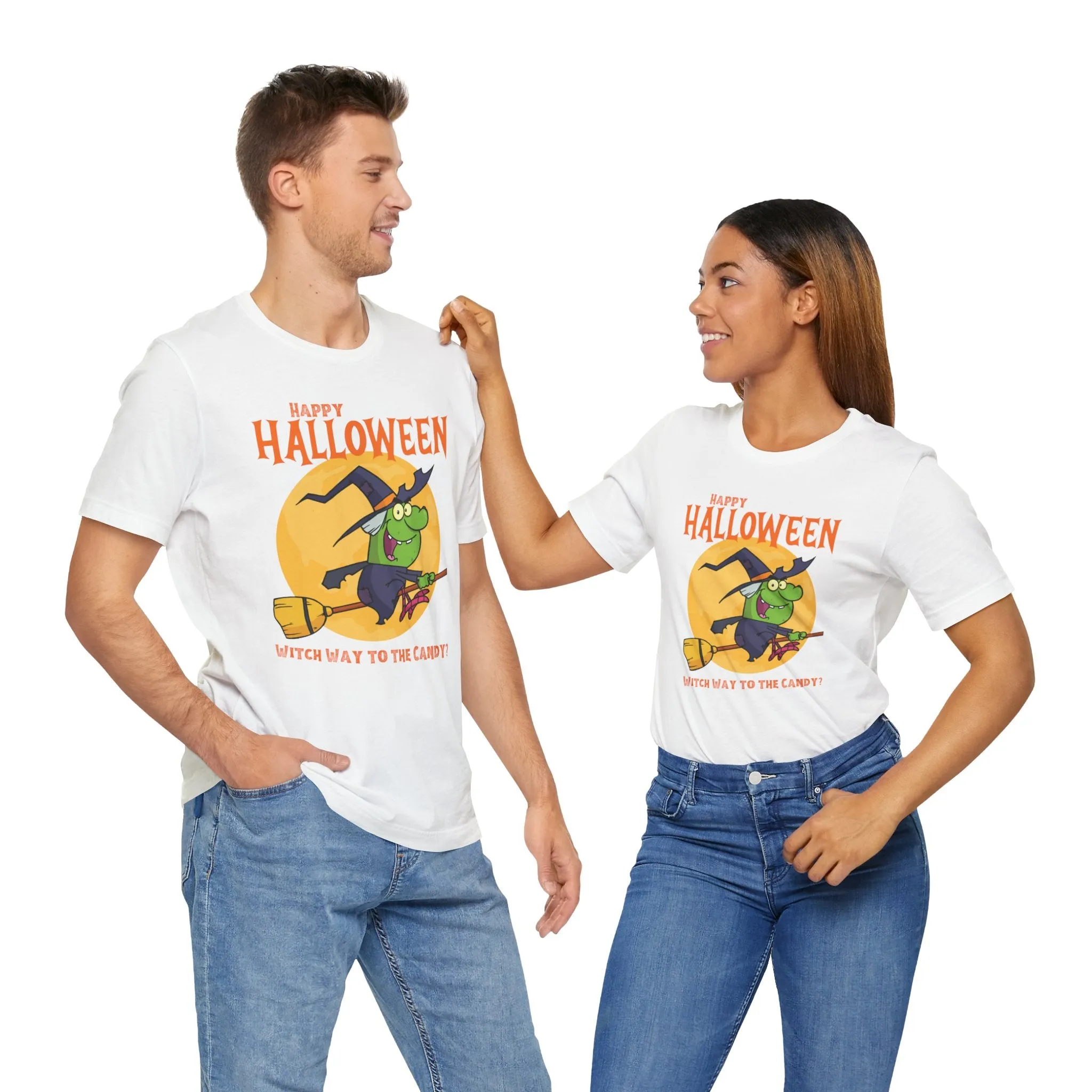 Happy Halloween Witch Way to the Candy T-Shirt | Flying Witch Front of the Moon Tee |  Bella Canvas 3001Unisex | Funny Short Sleeve Tshirt