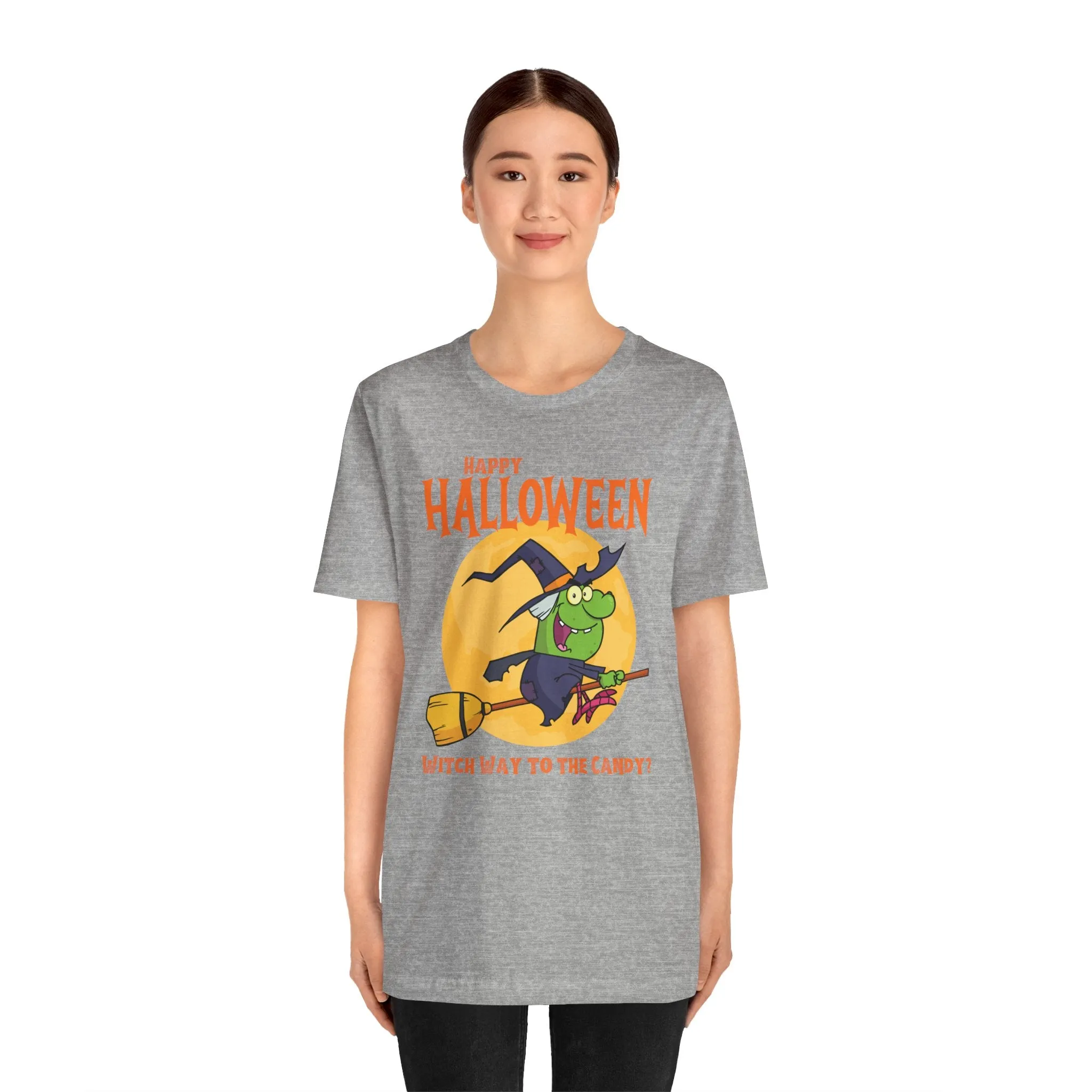 Happy Halloween Witch Way to the Candy T-Shirt | Flying Witch Front of the Moon Tee |  Bella Canvas 3001Unisex | Funny Short Sleeve Tshirt