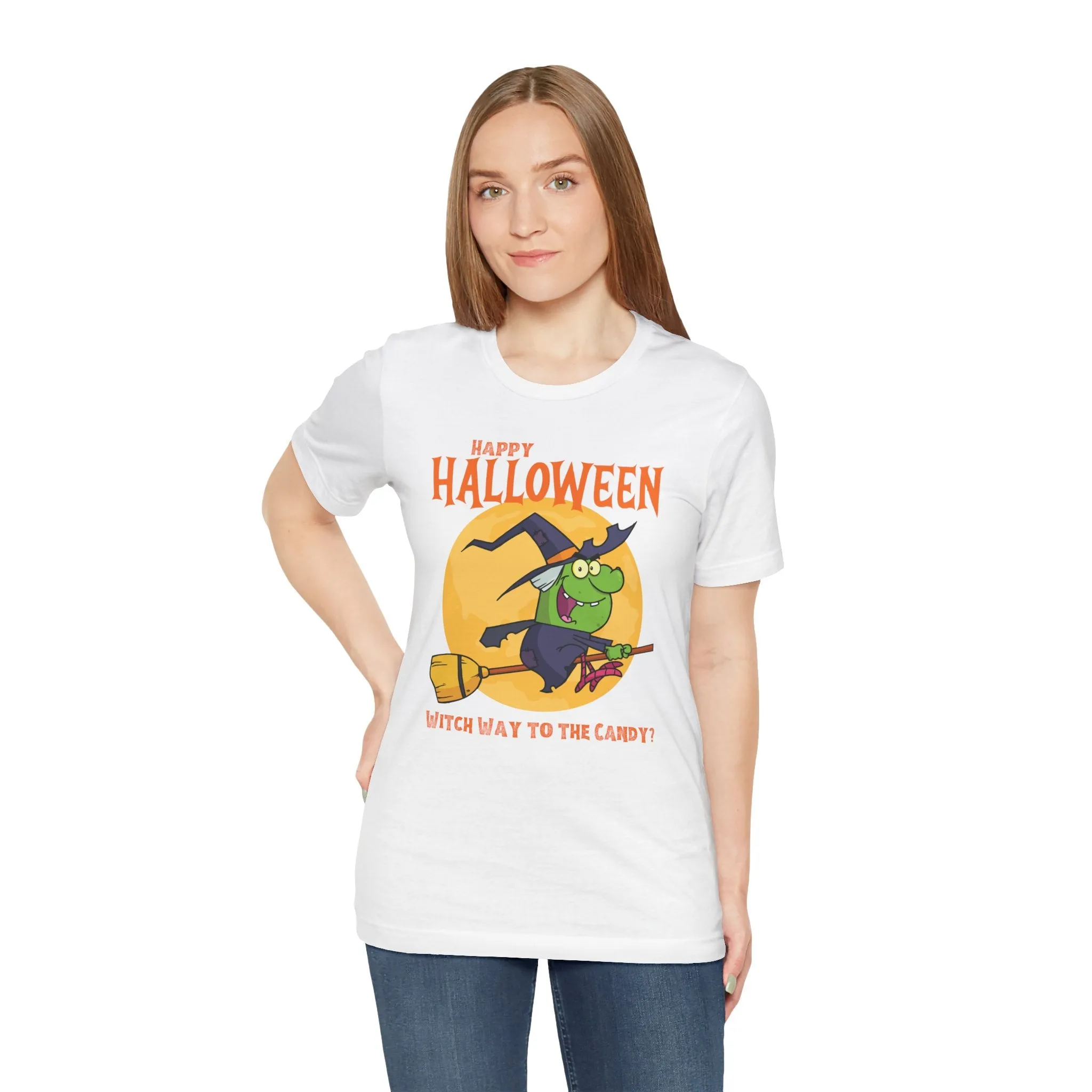 Happy Halloween Witch Way to the Candy T-Shirt | Flying Witch Front of the Moon Tee |  Bella Canvas 3001Unisex | Funny Short Sleeve Tshirt