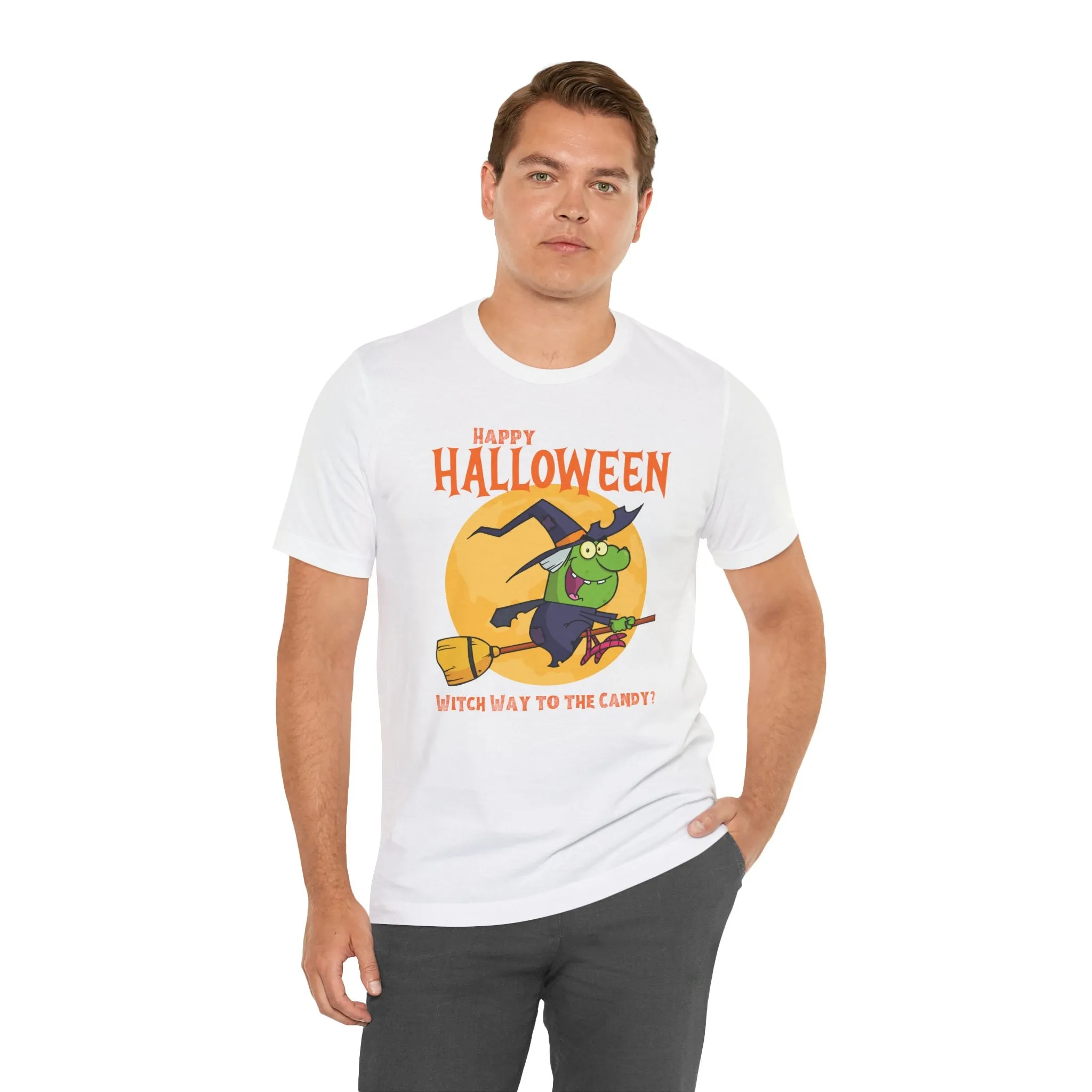 Happy Halloween Witch Way to the Candy T-Shirt | Flying Witch Front of the Moon Tee |  Bella Canvas 3001Unisex | Funny Short Sleeve Tshirt