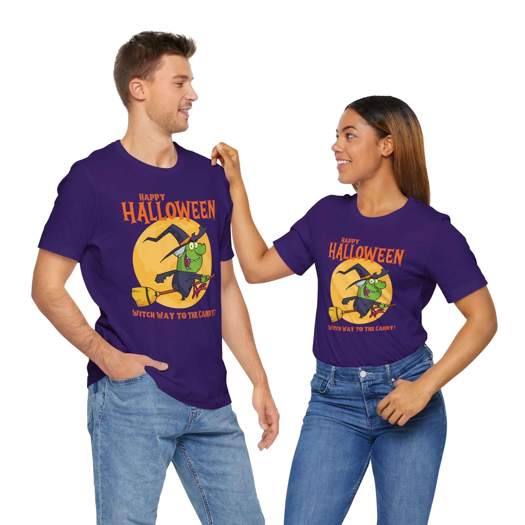 Happy Halloween Witch Way to the Candy T-Shirt | Flying Witch Front of the Moon Tee |  Bella Canvas 3001Unisex | Funny Short Sleeve Tshirt