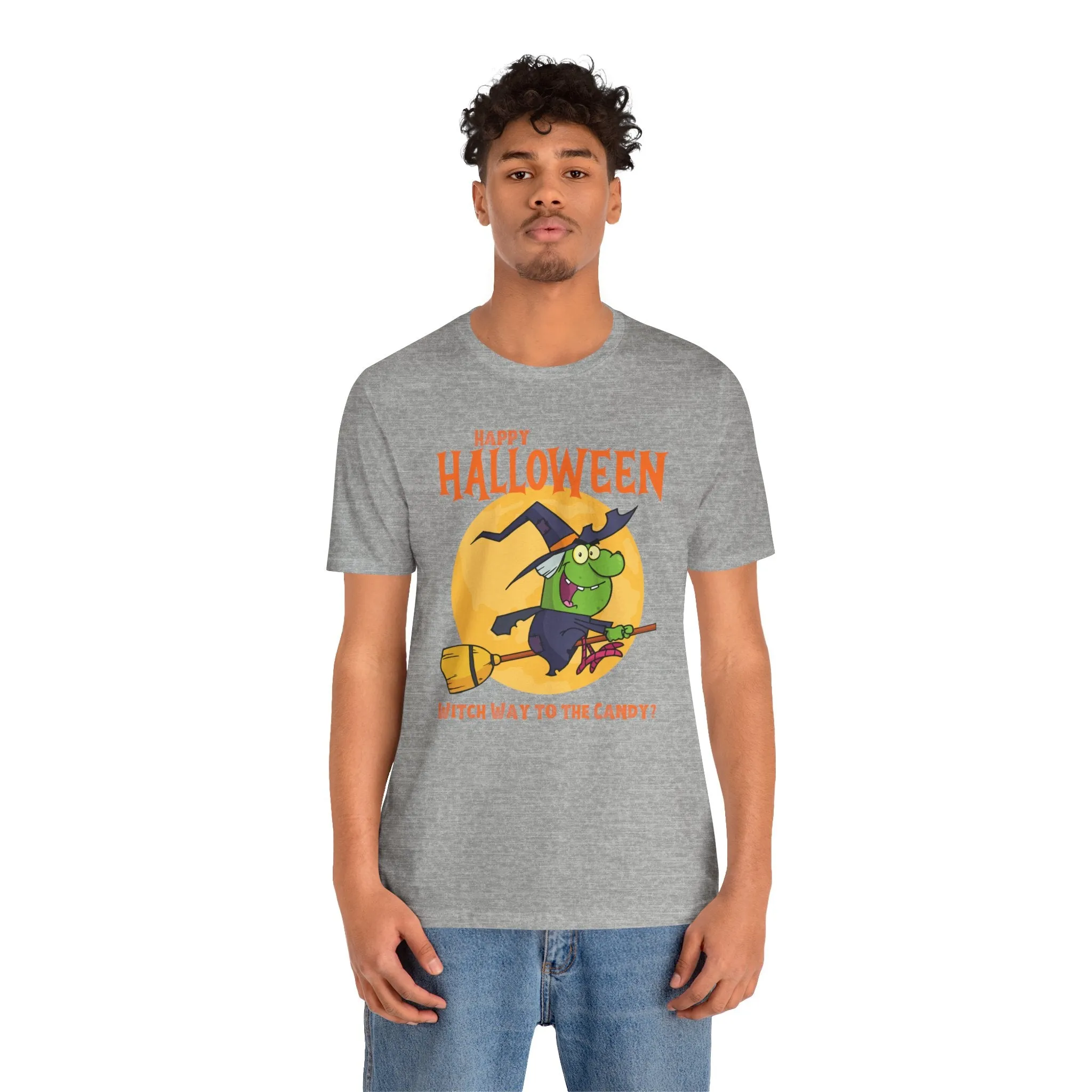 Happy Halloween Witch Way to the Candy T-Shirt | Flying Witch Front of the Moon Tee |  Bella Canvas 3001Unisex | Funny Short Sleeve Tshirt