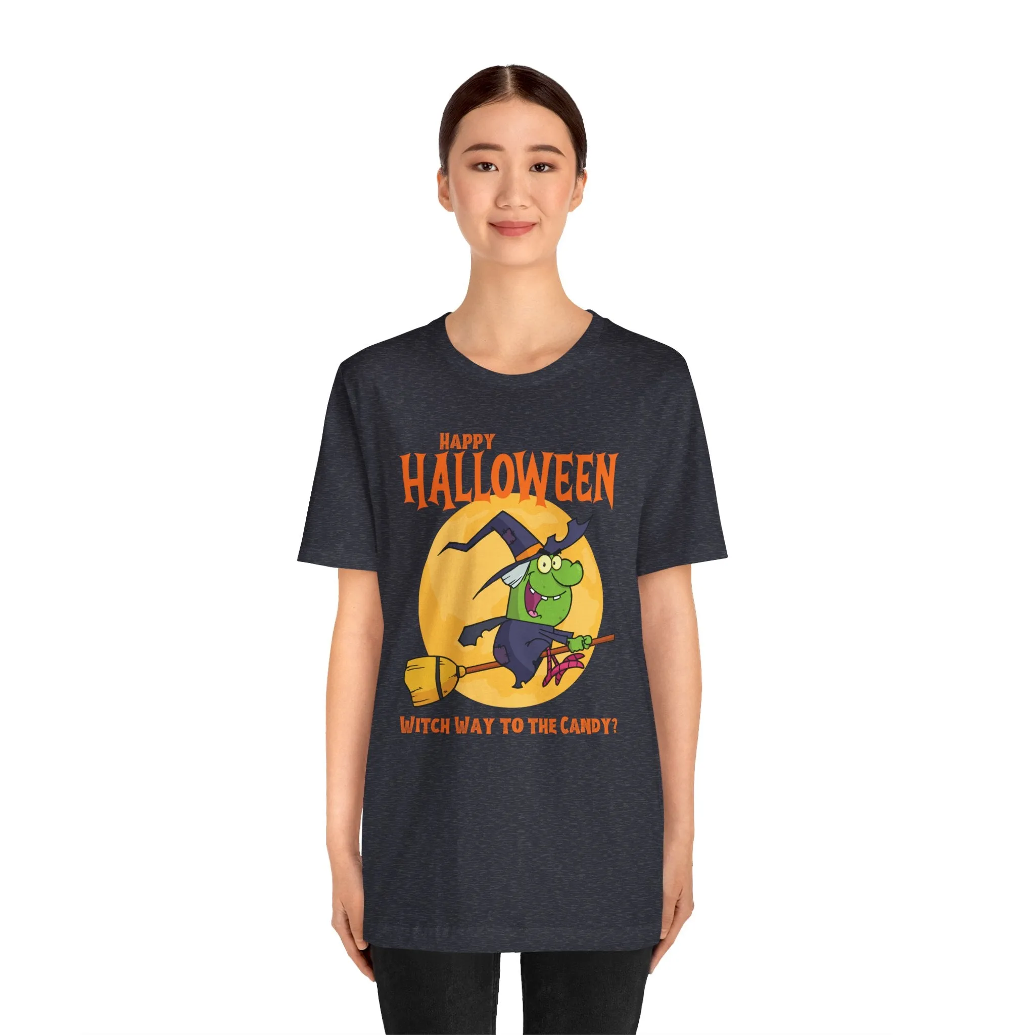 Happy Halloween Witch Way to the Candy T-Shirt | Flying Witch Front of the Moon Tee |  Bella Canvas 3001Unisex | Funny Short Sleeve Tshirt