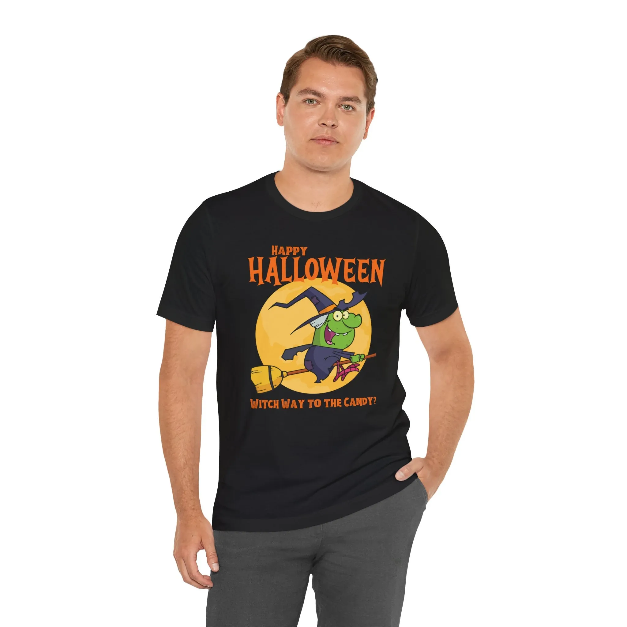 Happy Halloween Witch Way to the Candy T-Shirt | Flying Witch Front of the Moon Tee |  Bella Canvas 3001Unisex | Funny Short Sleeve Tshirt