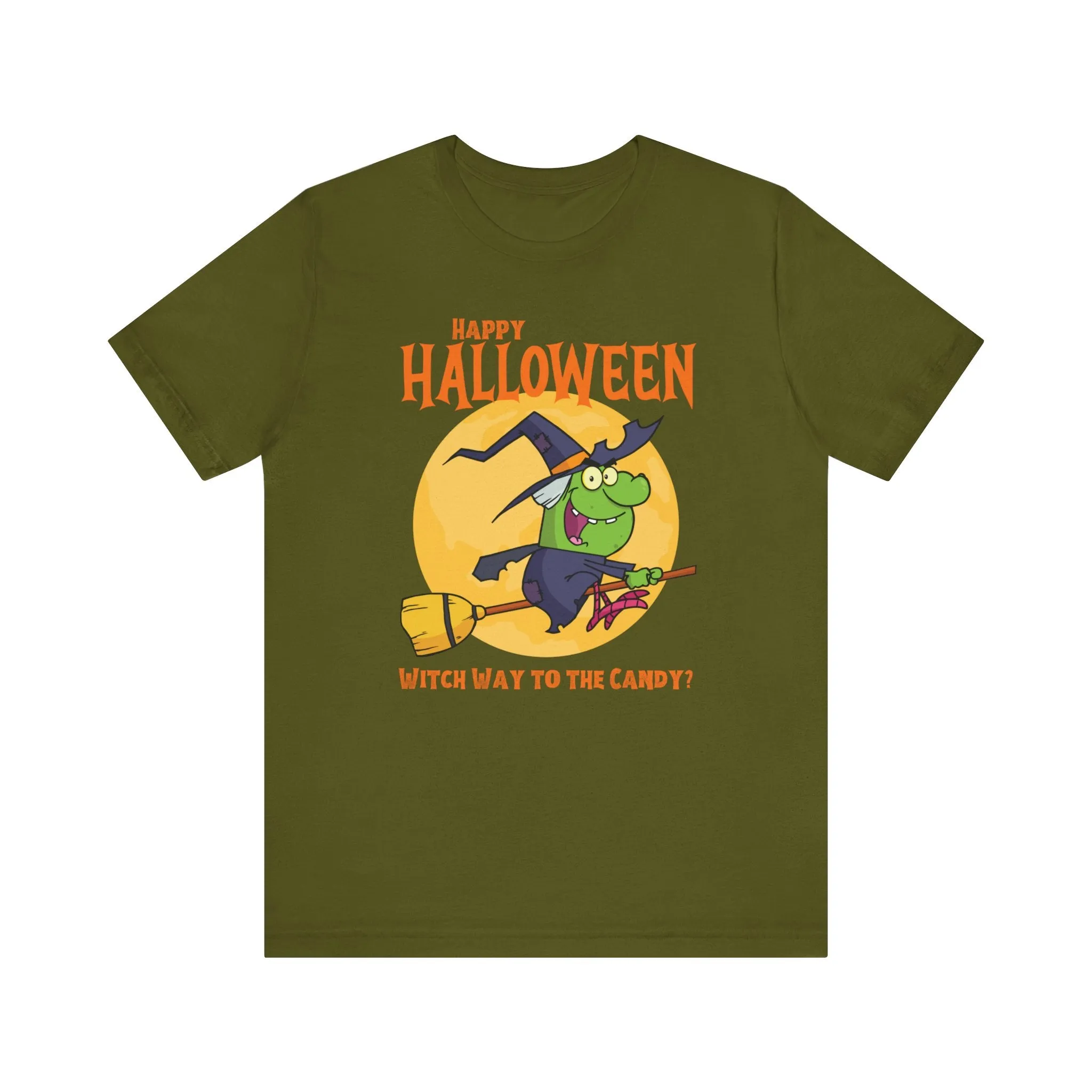 Happy Halloween Witch Way to the Candy T-Shirt | Flying Witch Front of the Moon Tee |  Bella Canvas 3001Unisex | Funny Short Sleeve Tshirt