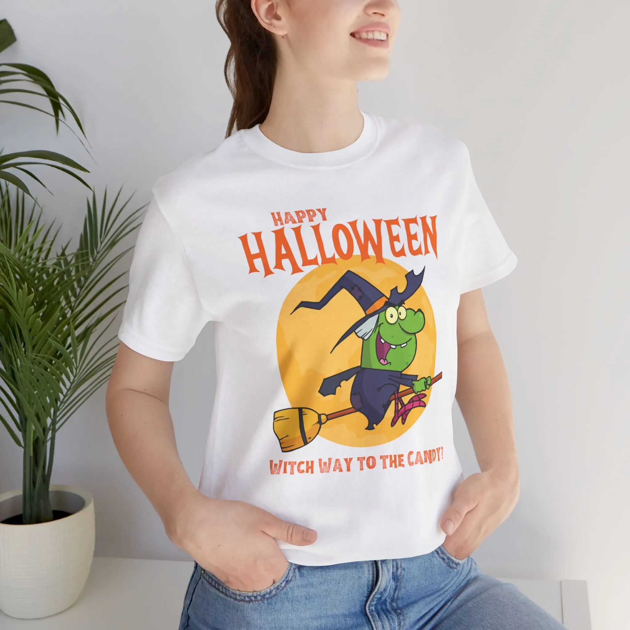 Happy Halloween Witch Way to the Candy T-Shirt | Flying Witch Front of the Moon Tee |  Bella Canvas 3001Unisex | Funny Short Sleeve Tshirt