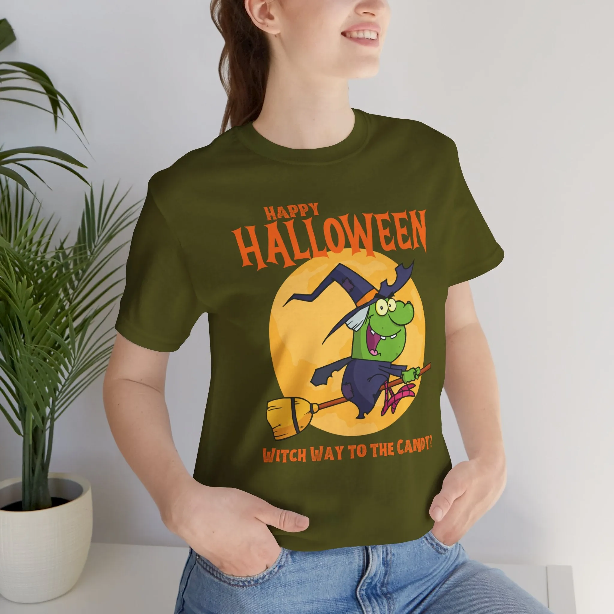 Happy Halloween Witch Way to the Candy T-Shirt | Flying Witch Front of the Moon Tee |  Bella Canvas 3001Unisex | Funny Short Sleeve Tshirt