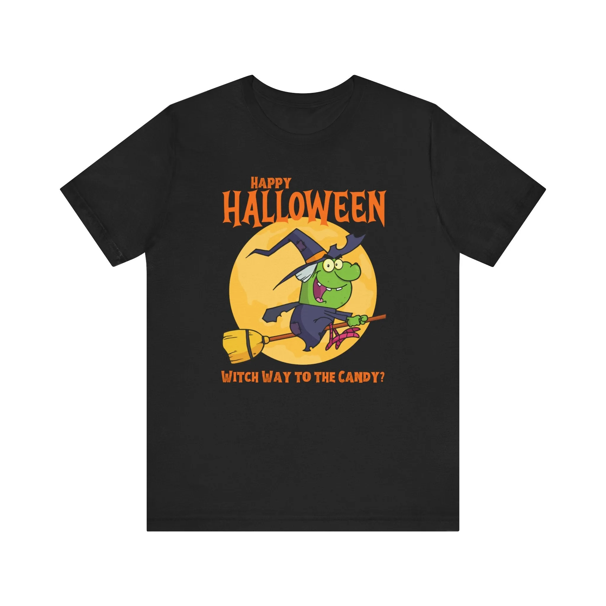 Happy Halloween Witch Way to the Candy T-Shirt | Flying Witch Front of the Moon Tee |  Bella Canvas 3001Unisex | Funny Short Sleeve Tshirt
