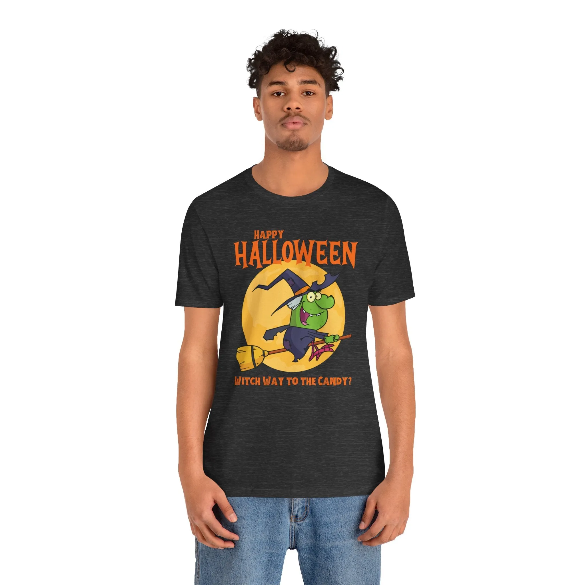 Happy Halloween Witch Way to the Candy T-Shirt | Flying Witch Front of the Moon Tee |  Bella Canvas 3001Unisex | Funny Short Sleeve Tshirt