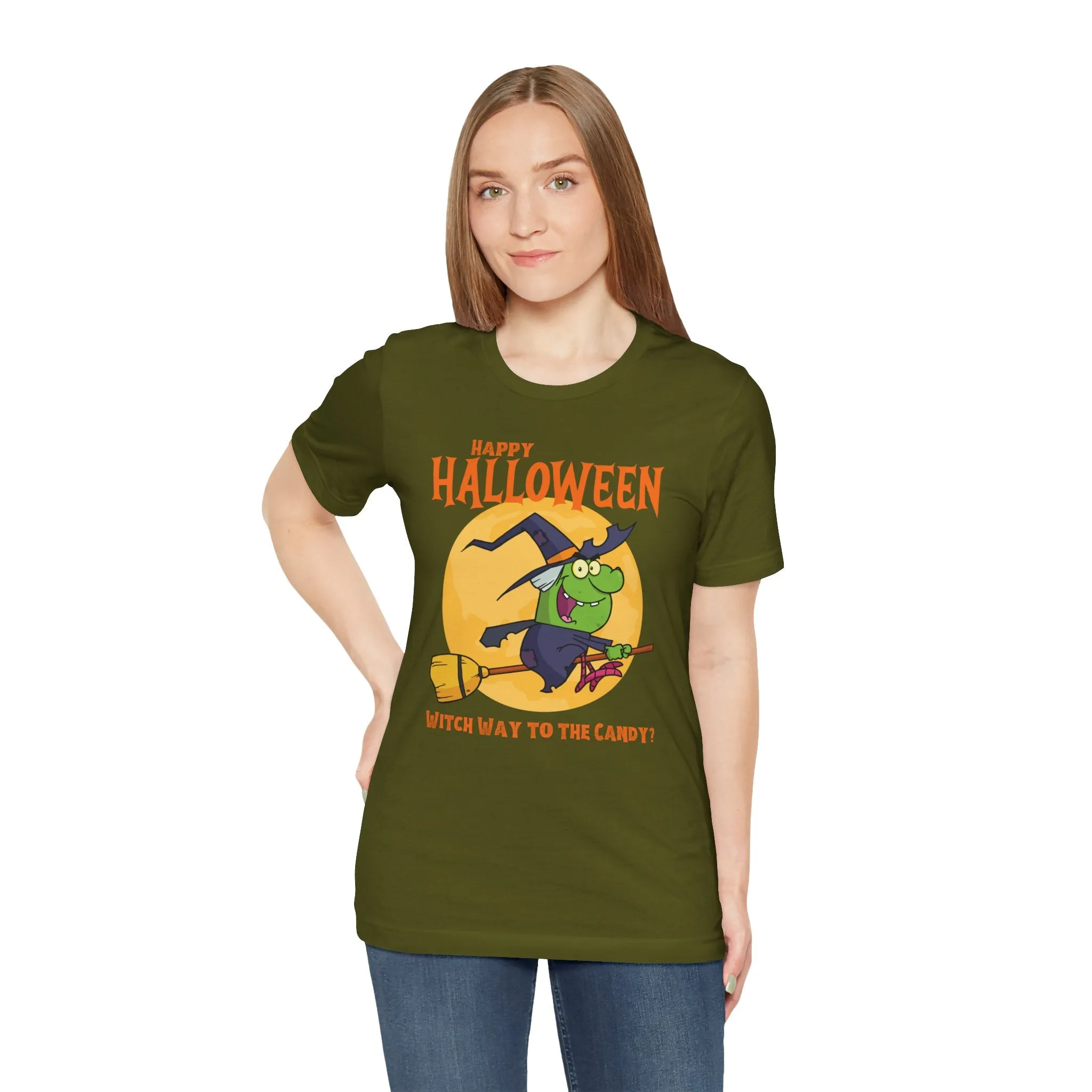 Happy Halloween Witch Way to the Candy T-Shirt | Flying Witch Front of the Moon Tee |  Bella Canvas 3001Unisex | Funny Short Sleeve Tshirt