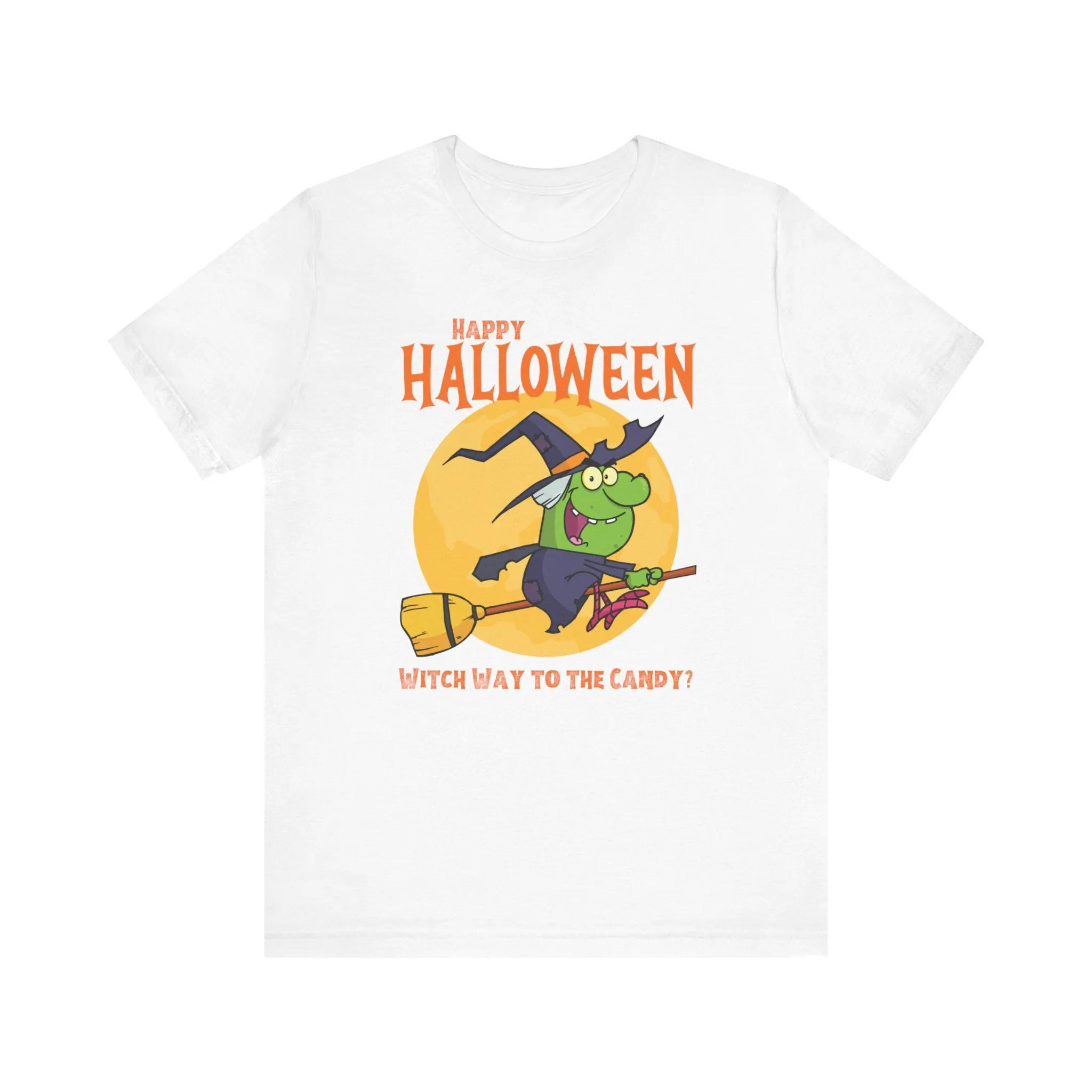 Happy Halloween Witch Way to the Candy T-Shirt | Flying Witch Front of the Moon Tee |  Bella Canvas 3001Unisex | Funny Short Sleeve Tshirt