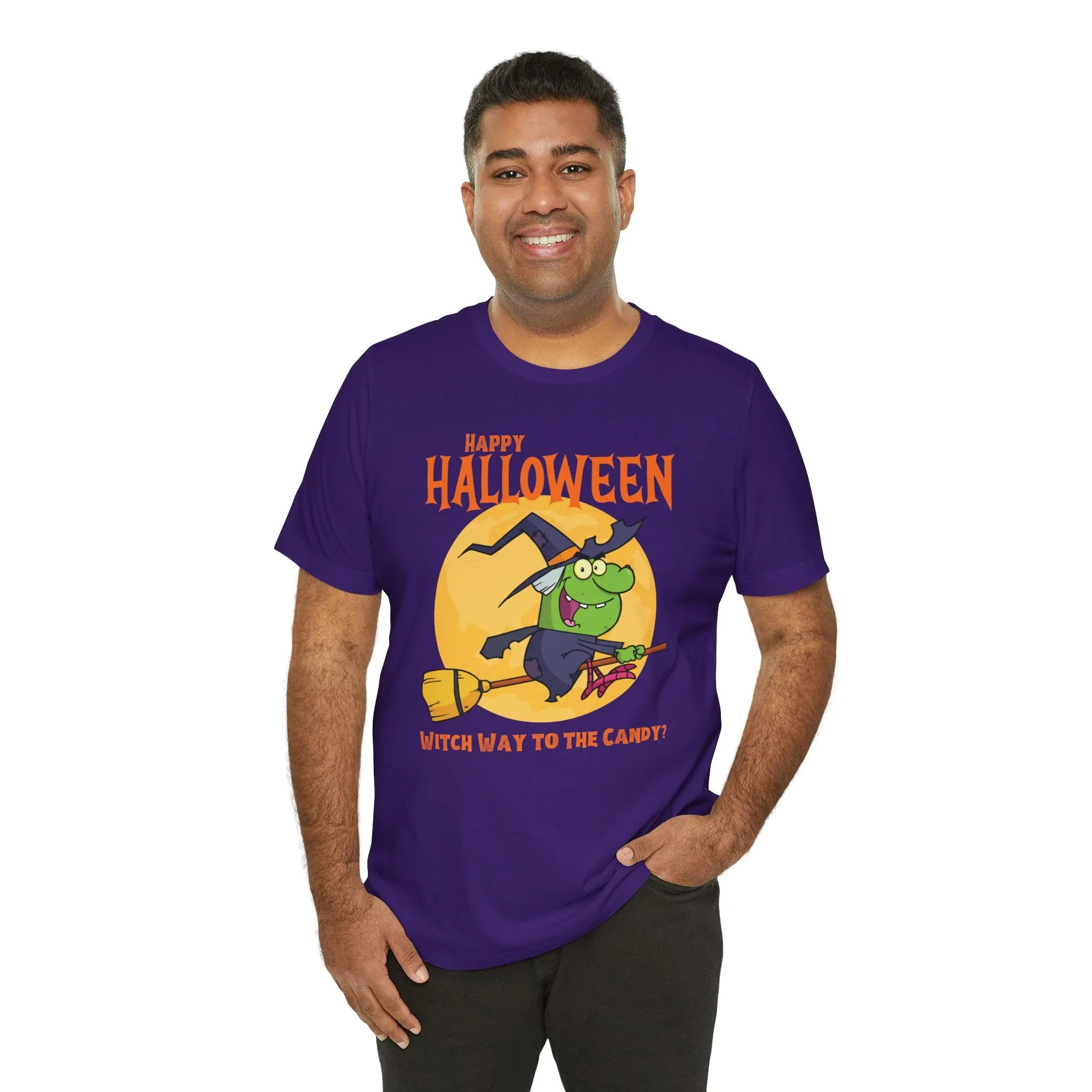 Happy Halloween Witch Way to the Candy T-Shirt | Flying Witch Front of the Moon Tee |  Bella Canvas 3001Unisex | Funny Short Sleeve Tshirt