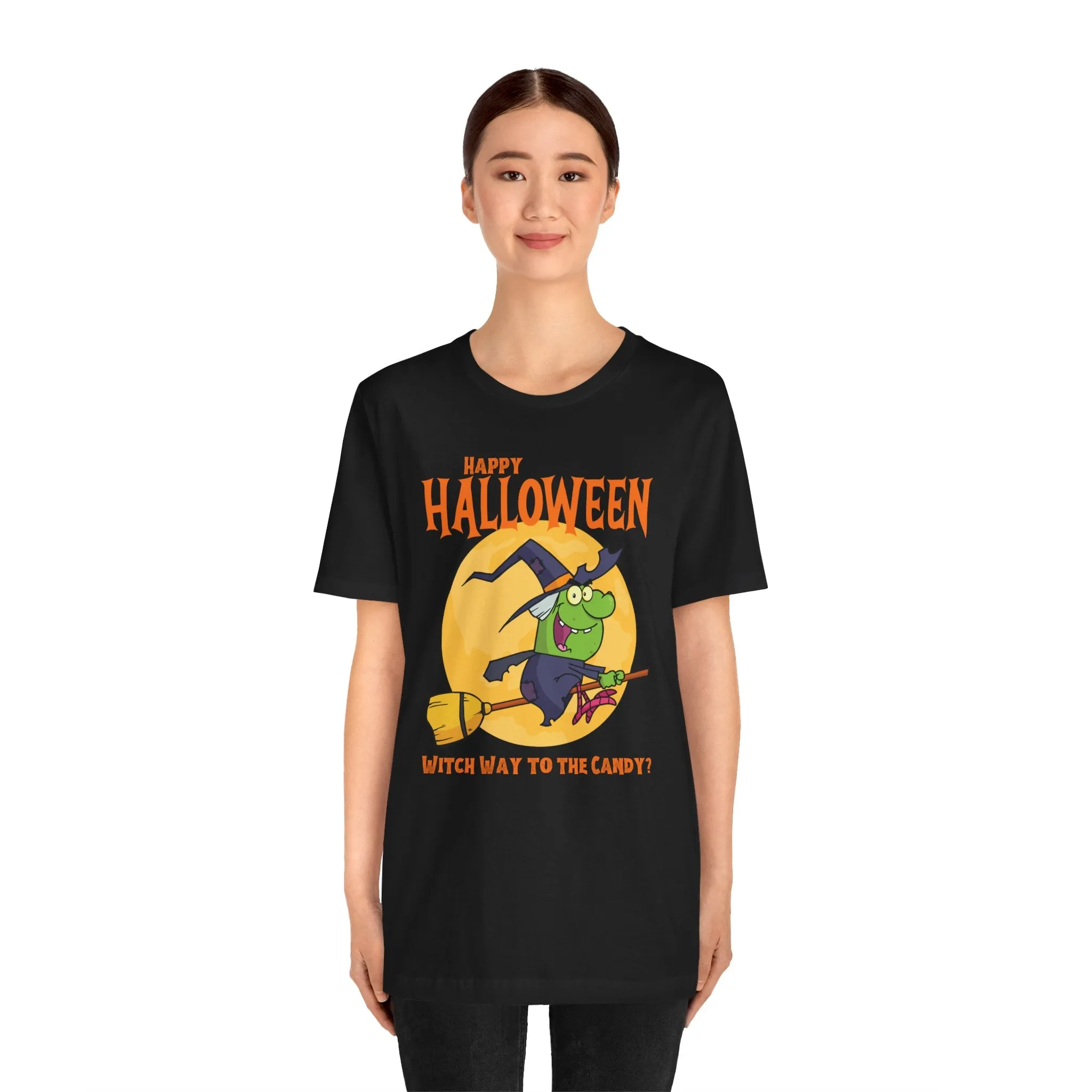 Happy Halloween Witch Way to the Candy T-Shirt | Flying Witch Front of the Moon Tee |  Bella Canvas 3001Unisex | Funny Short Sleeve Tshirt