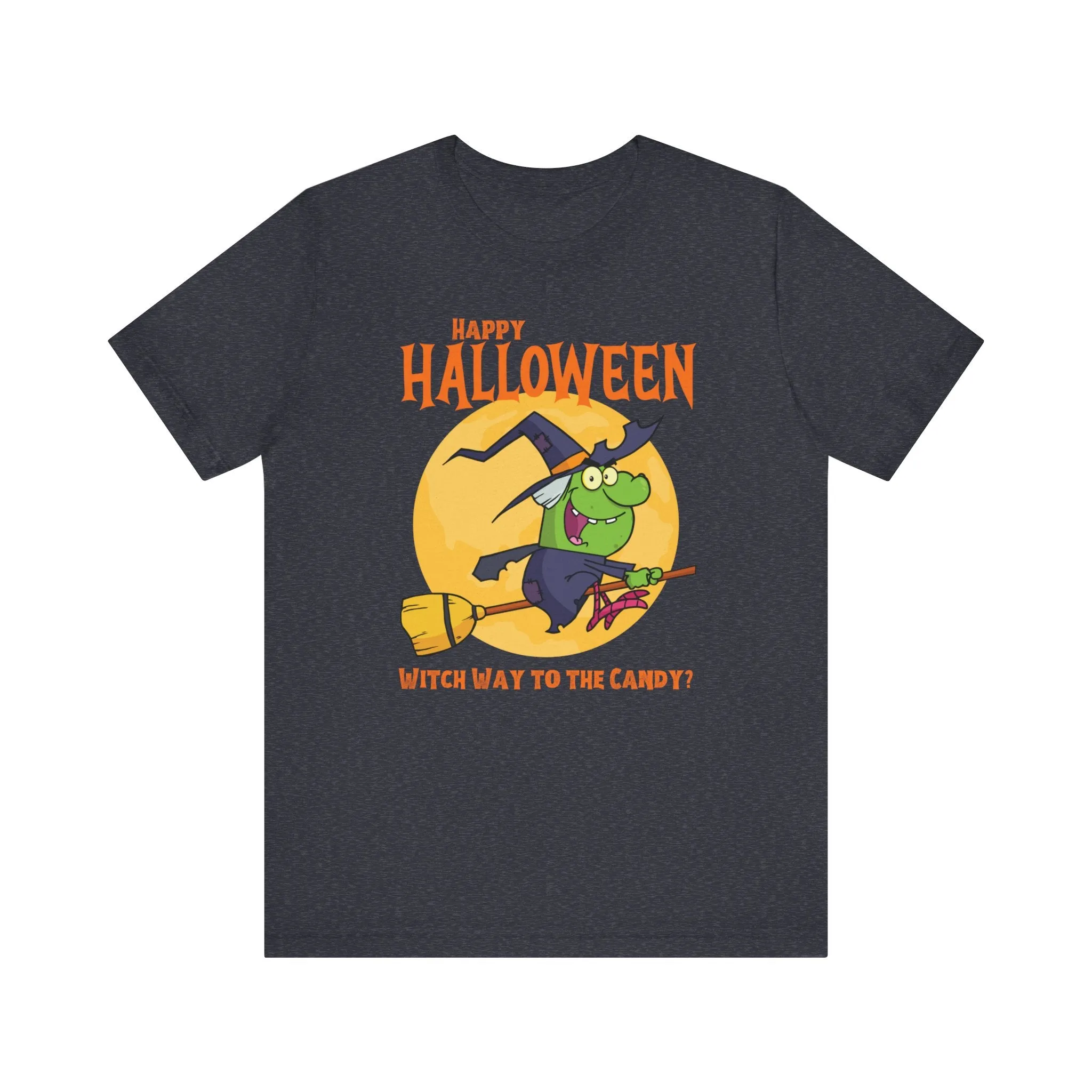 Happy Halloween Witch Way to the Candy T-Shirt | Flying Witch Front of the Moon Tee |  Bella Canvas 3001Unisex | Funny Short Sleeve Tshirt