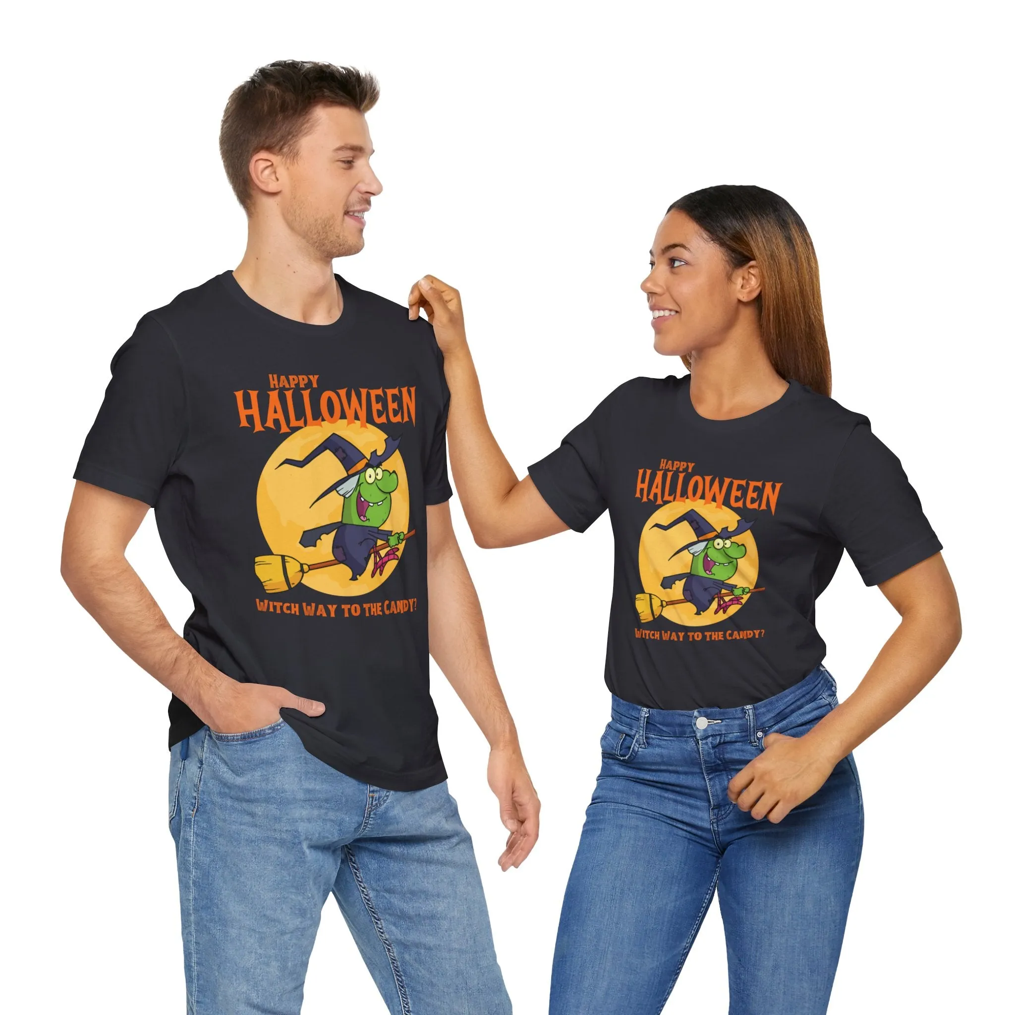 Happy Halloween Witch Way to the Candy T-Shirt | Flying Witch Front of the Moon Tee |  Bella Canvas 3001Unisex | Funny Short Sleeve Tshirt