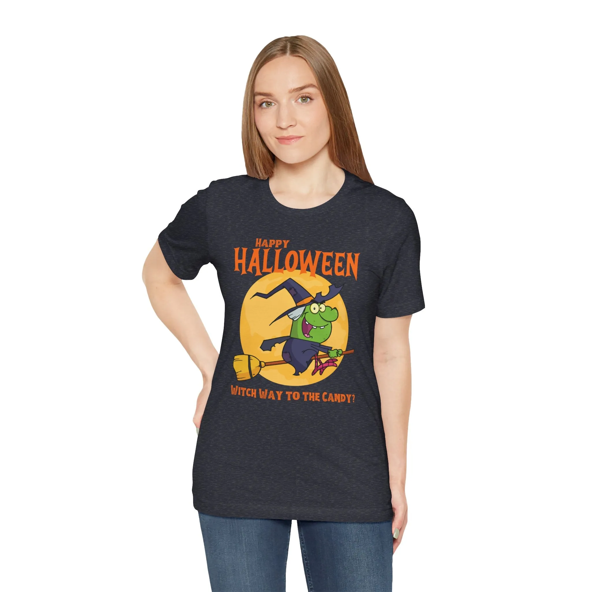 Happy Halloween Witch Way to the Candy T-Shirt | Flying Witch Front of the Moon Tee |  Bella Canvas 3001Unisex | Funny Short Sleeve Tshirt