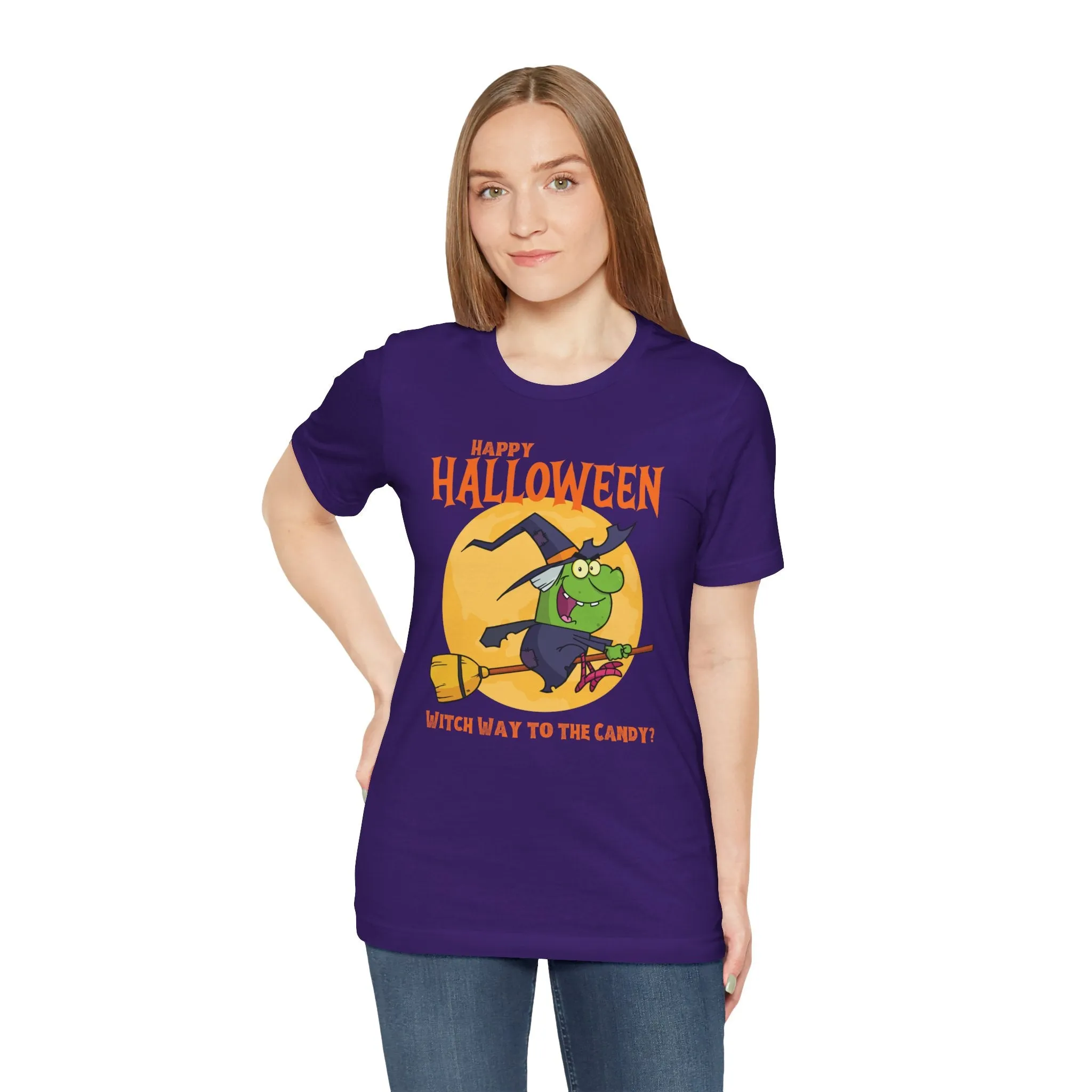 Happy Halloween Witch Way to the Candy T-Shirt | Flying Witch Front of the Moon Tee |  Bella Canvas 3001Unisex | Funny Short Sleeve Tshirt