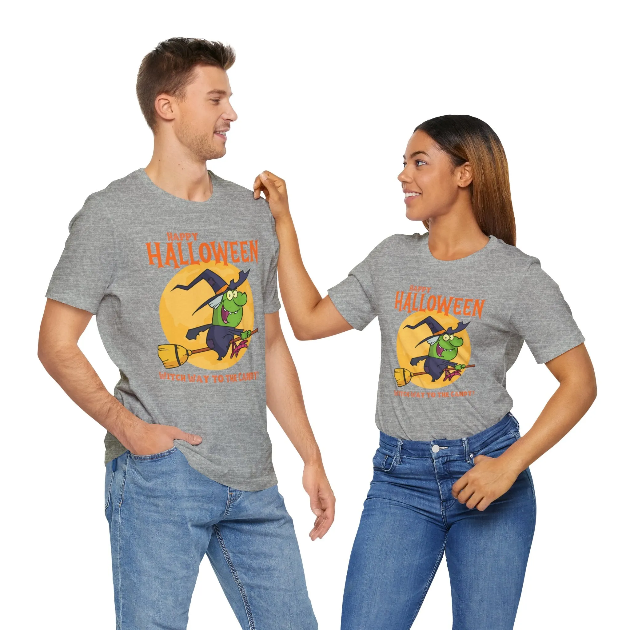 Happy Halloween Witch Way to the Candy T-Shirt | Flying Witch Front of the Moon Tee |  Bella Canvas 3001Unisex | Funny Short Sleeve Tshirt