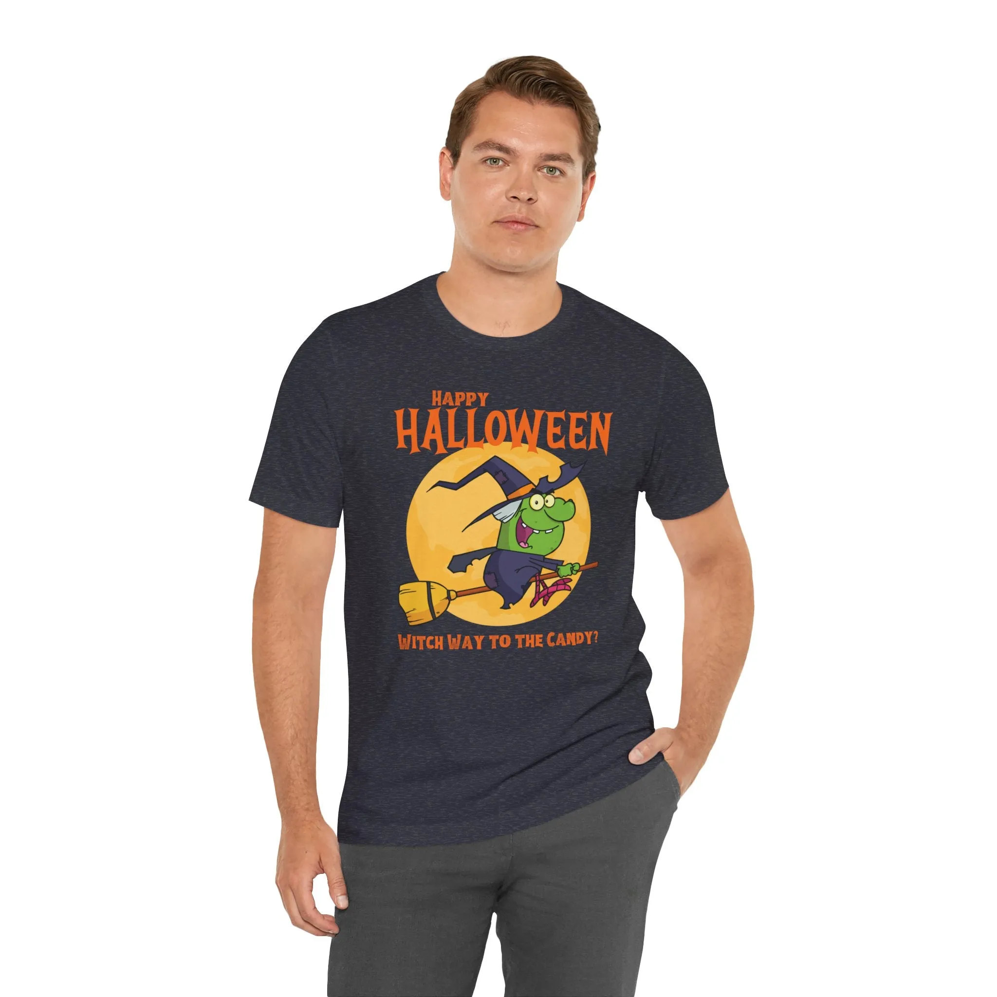 Happy Halloween Witch Way to the Candy T-Shirt | Flying Witch Front of the Moon Tee |  Bella Canvas 3001Unisex | Funny Short Sleeve Tshirt