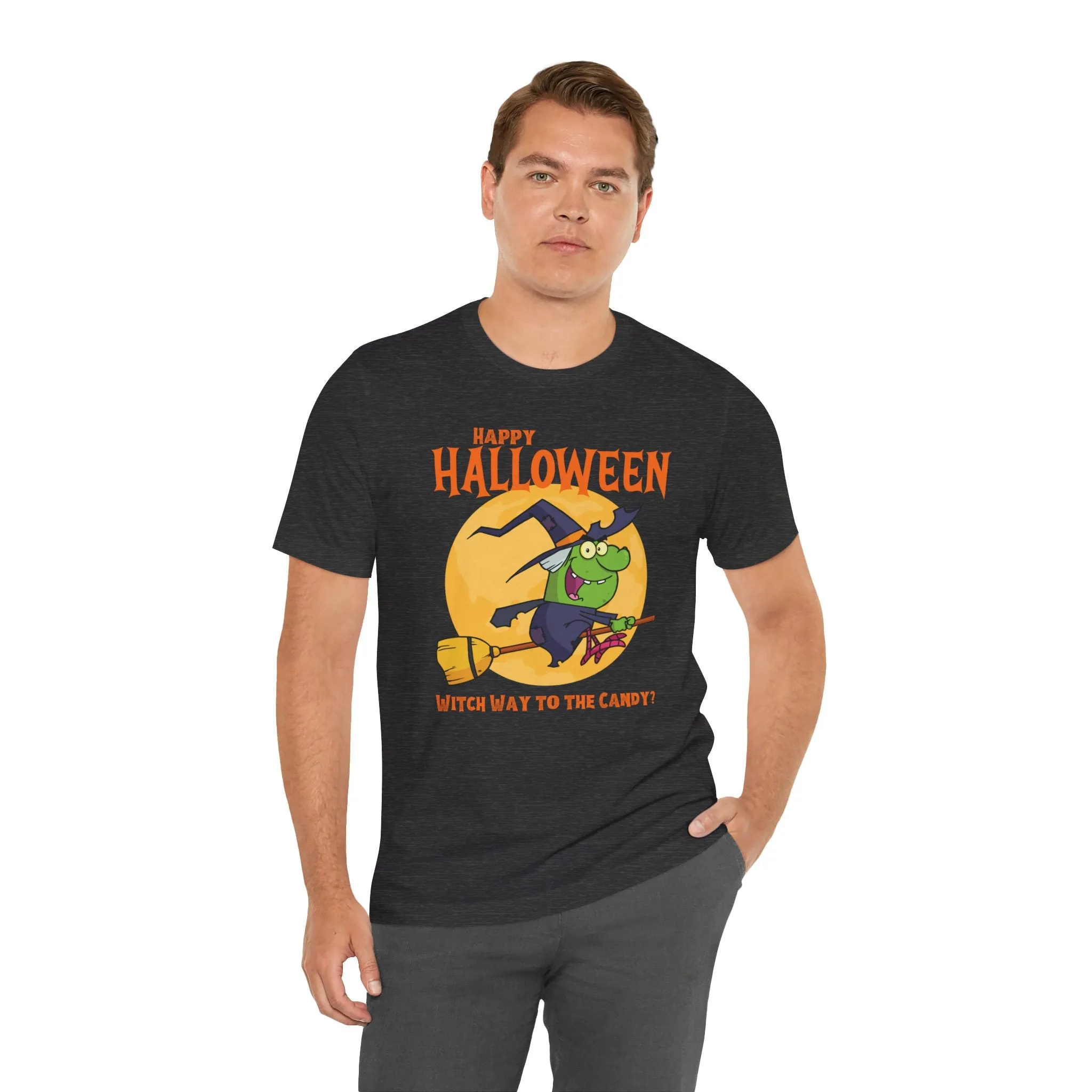 Happy Halloween Witch Way to the Candy T-Shirt | Flying Witch Front of the Moon Tee |  Bella Canvas 3001Unisex | Funny Short Sleeve Tshirt