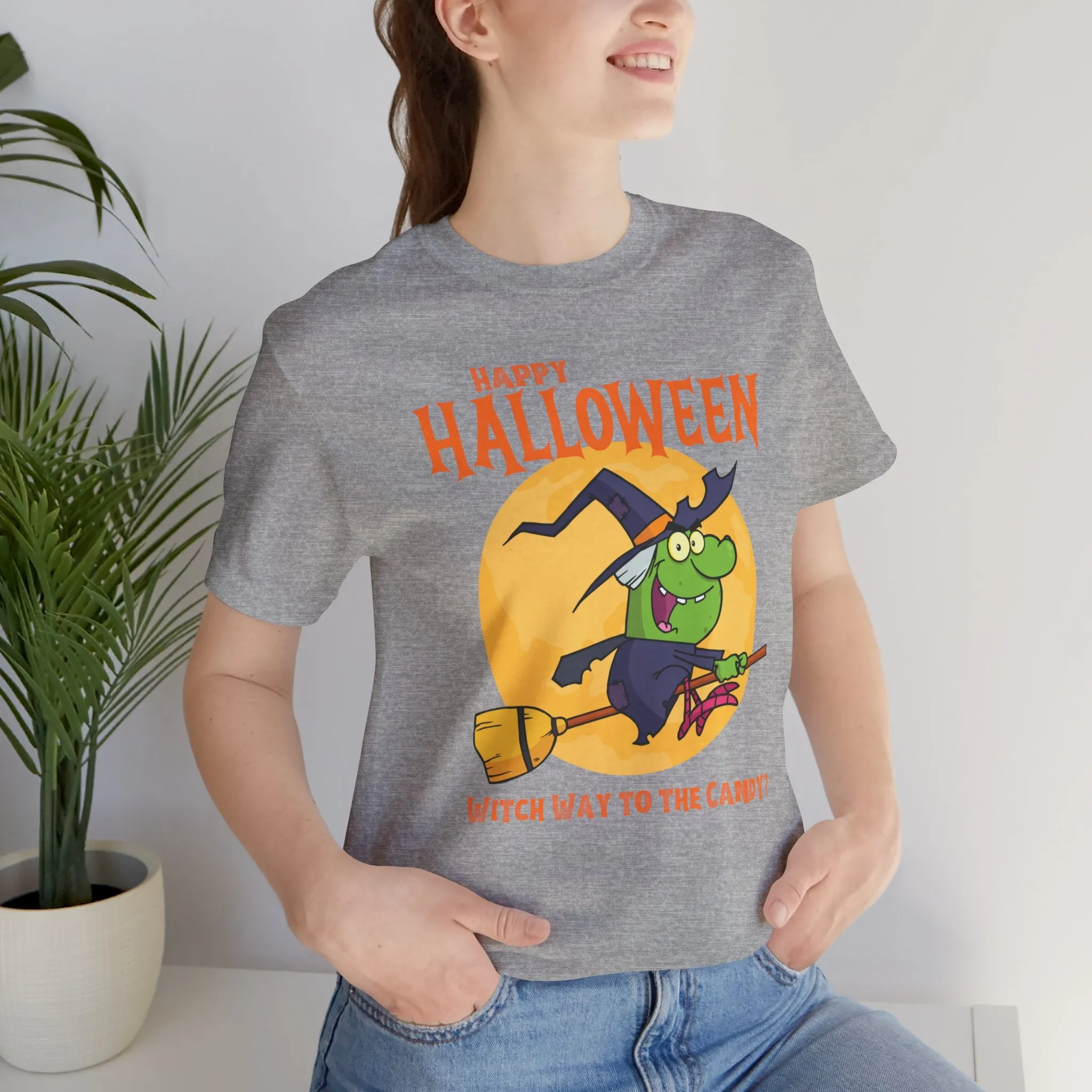 Happy Halloween Witch Way to the Candy T-Shirt | Flying Witch Front of the Moon Tee |  Bella Canvas 3001Unisex | Funny Short Sleeve Tshirt