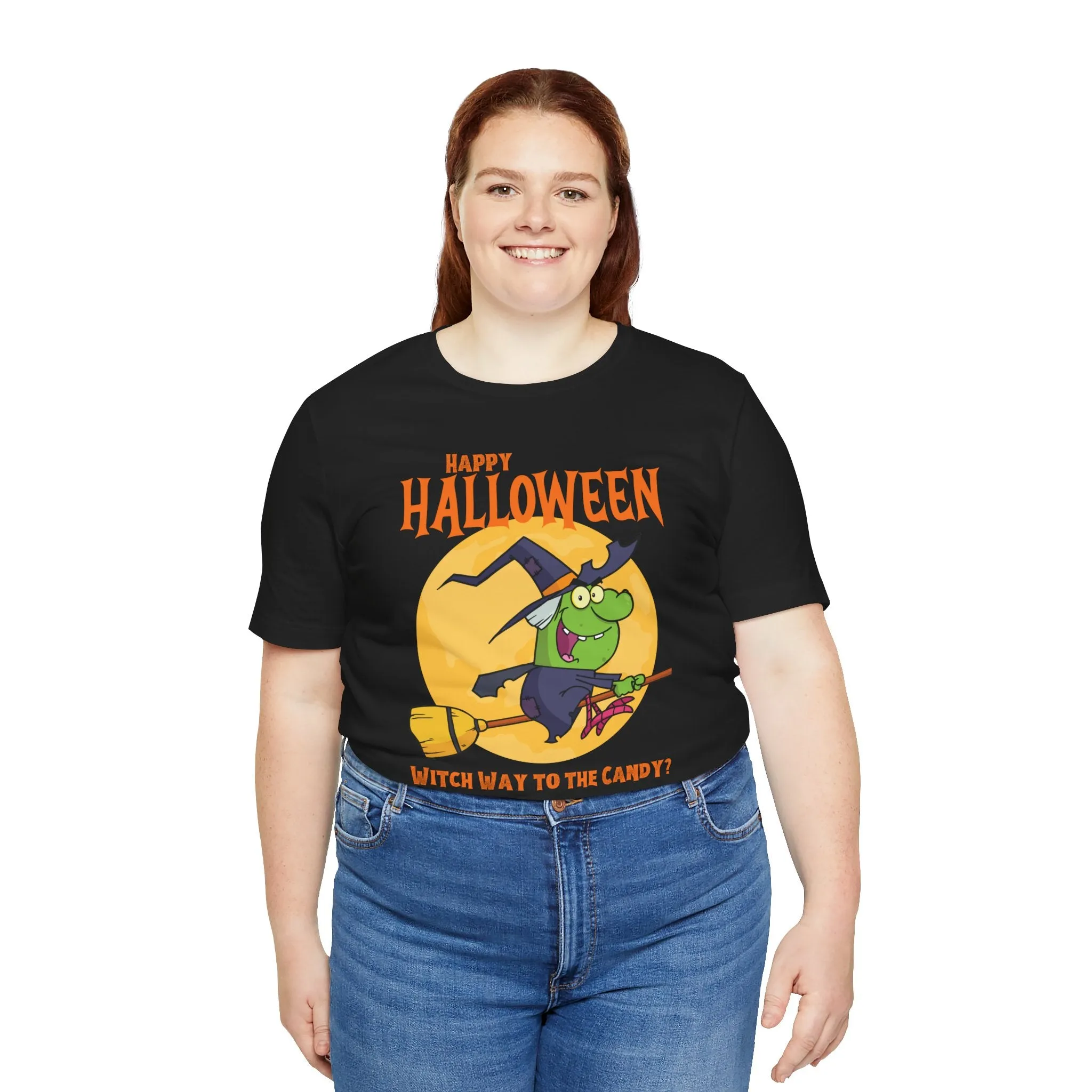 Happy Halloween Witch Way to the Candy T-Shirt | Flying Witch Front of the Moon Tee |  Bella Canvas 3001Unisex | Funny Short Sleeve Tshirt