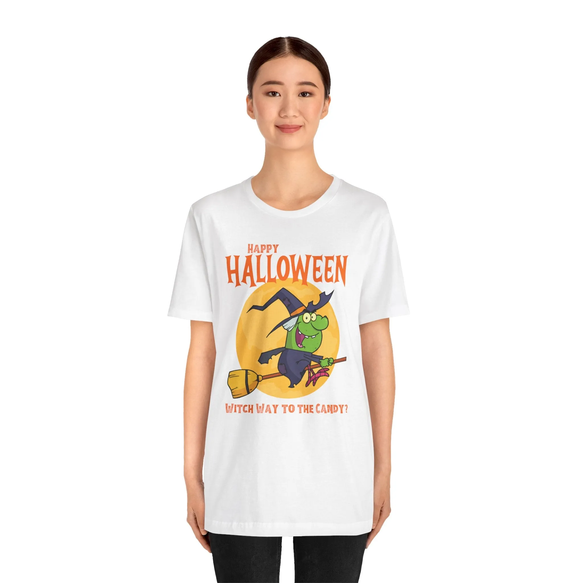 Happy Halloween Witch Way to the Candy T-Shirt | Flying Witch Front of the Moon Tee |  Bella Canvas 3001Unisex | Funny Short Sleeve Tshirt