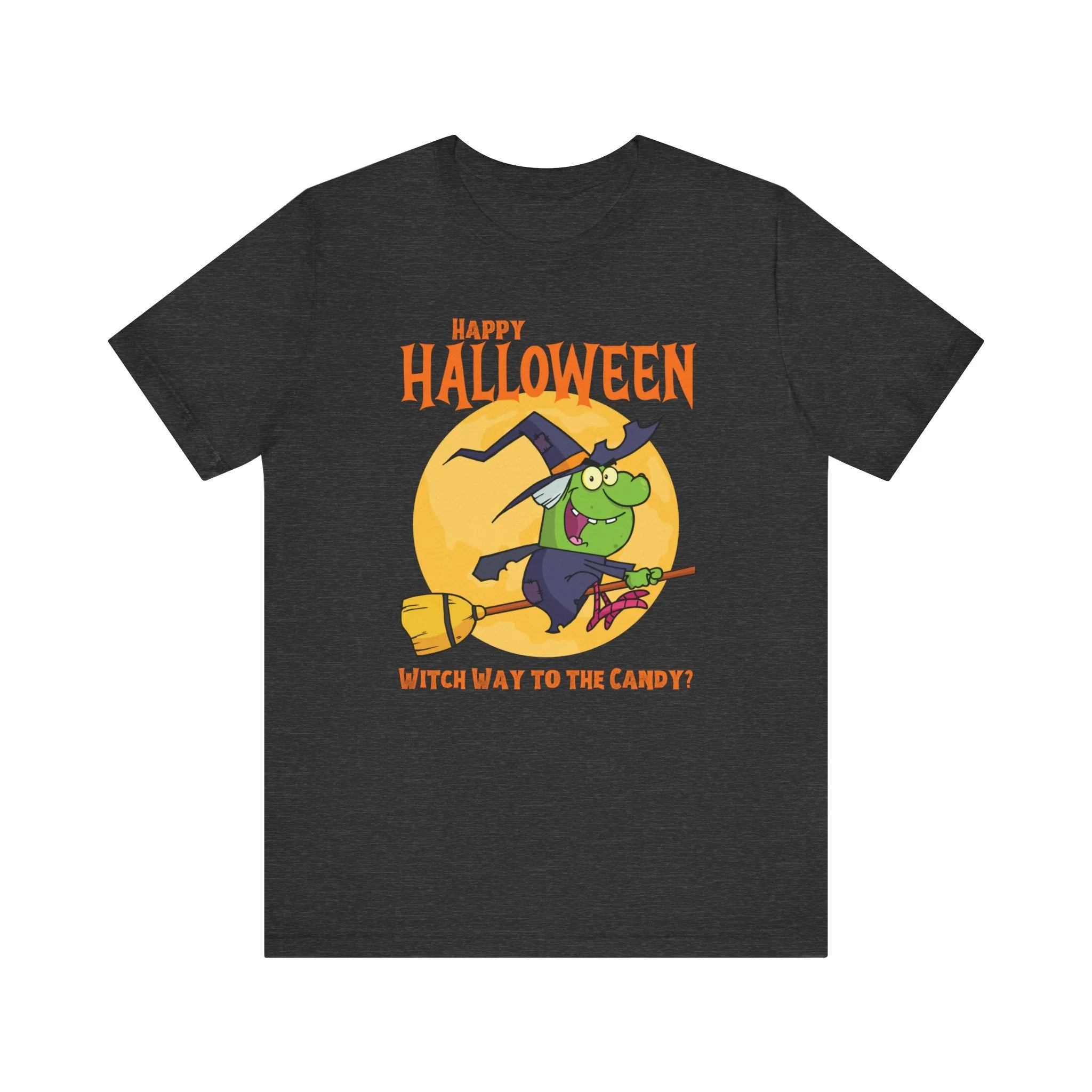 Happy Halloween Witch Way to the Candy T-Shirt | Flying Witch Front of the Moon Tee |  Bella Canvas 3001Unisex | Funny Short Sleeve Tshirt