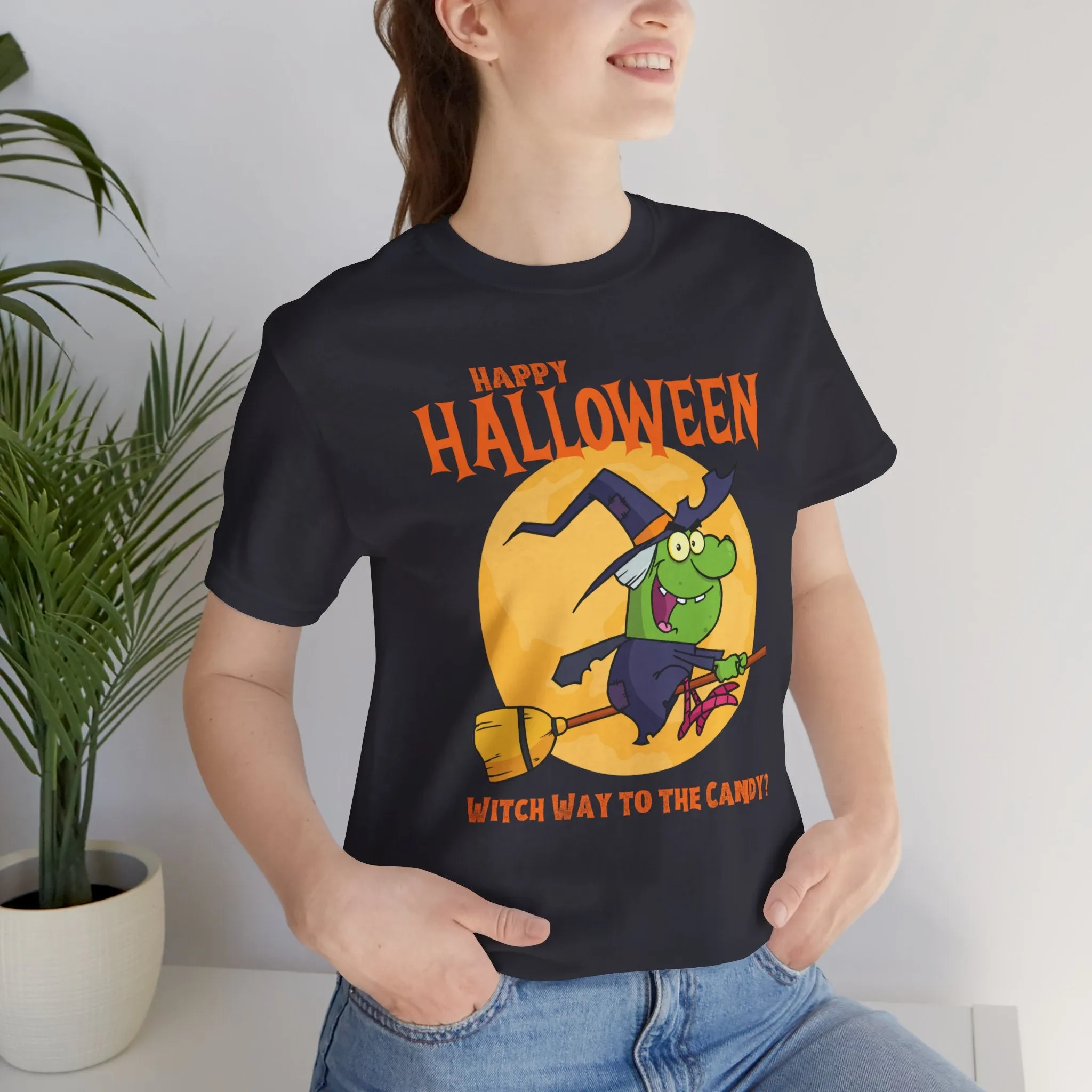 Happy Halloween Witch Way to the Candy T-Shirt | Flying Witch Front of the Moon Tee |  Bella Canvas 3001Unisex | Funny Short Sleeve Tshirt