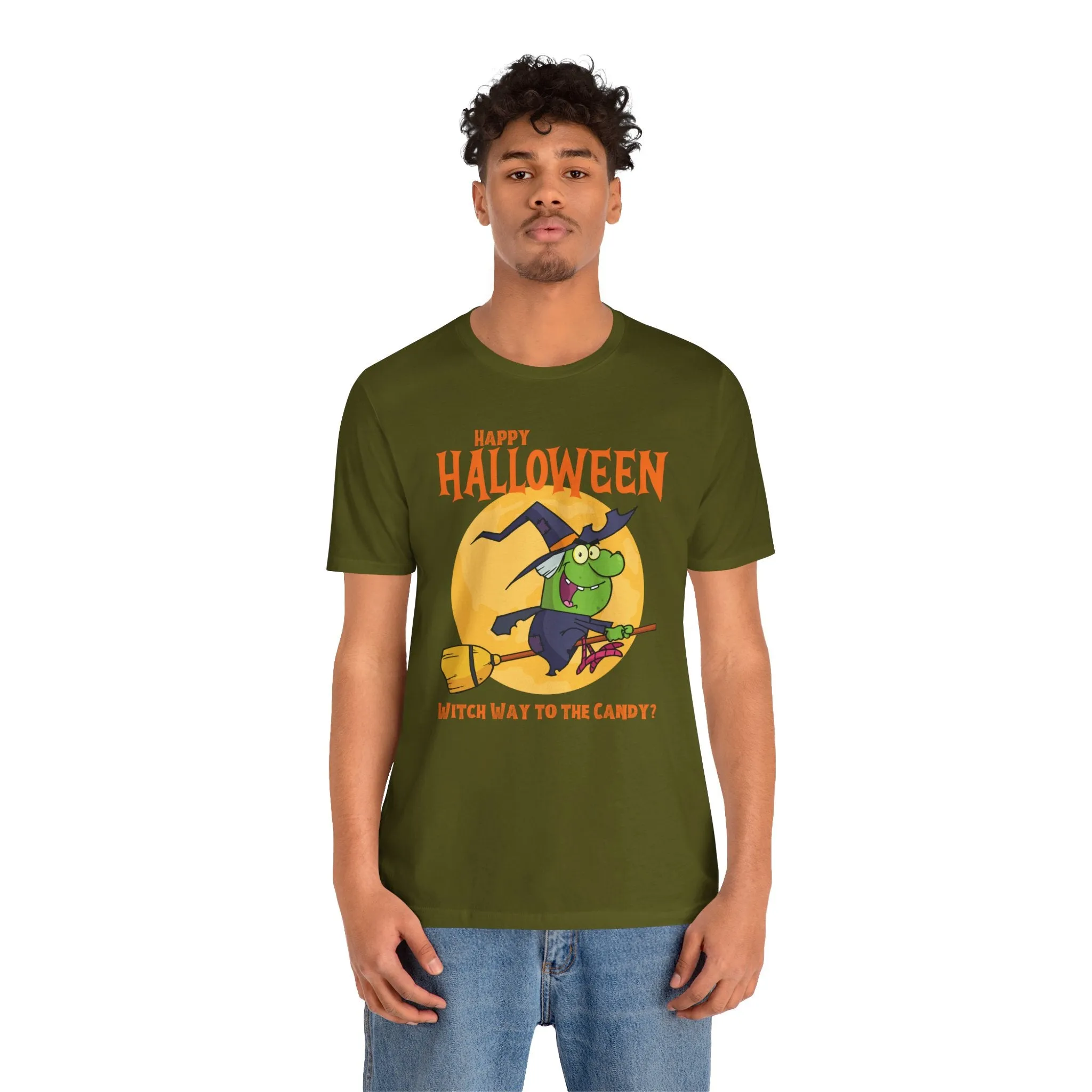 Happy Halloween Witch Way to the Candy T-Shirt | Flying Witch Front of the Moon Tee |  Bella Canvas 3001Unisex | Funny Short Sleeve Tshirt