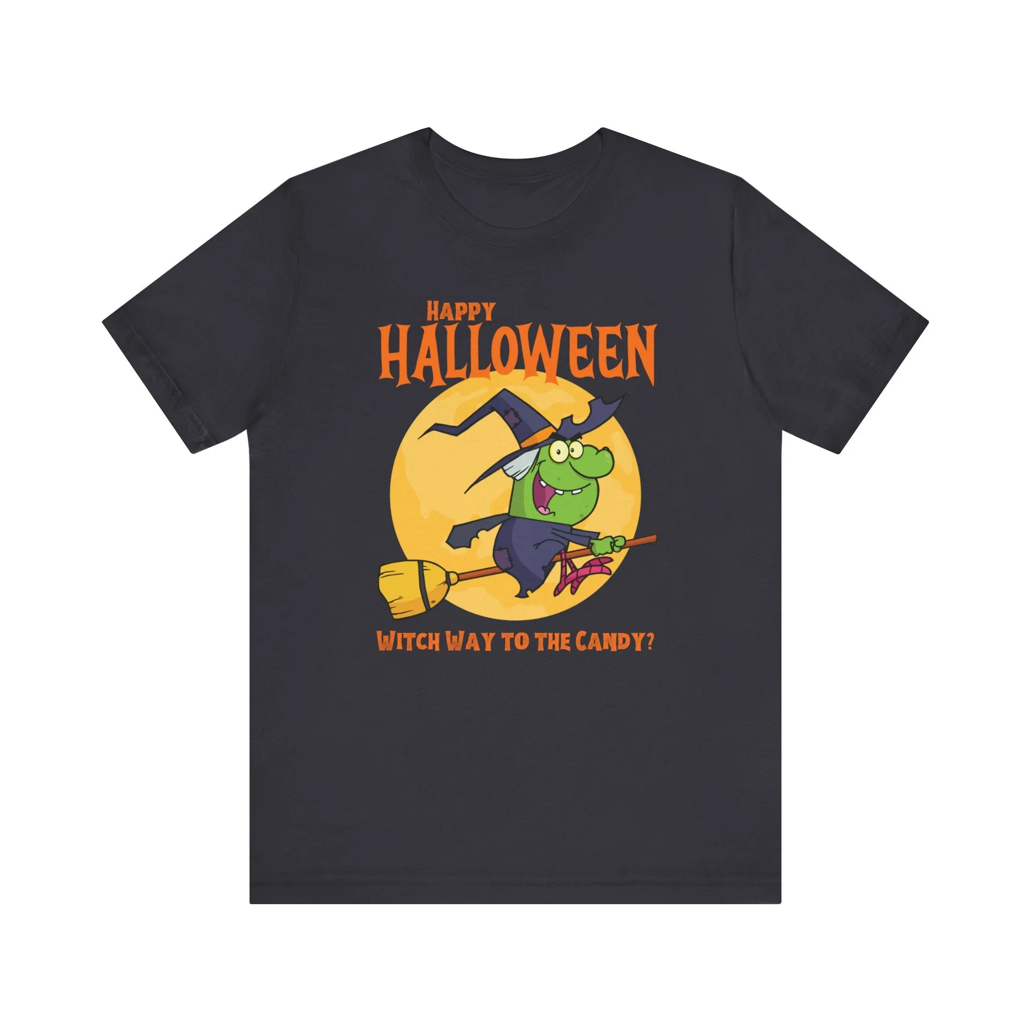Happy Halloween Witch Way to the Candy T-Shirt | Flying Witch Front of the Moon Tee |  Bella Canvas 3001Unisex | Funny Short Sleeve Tshirt