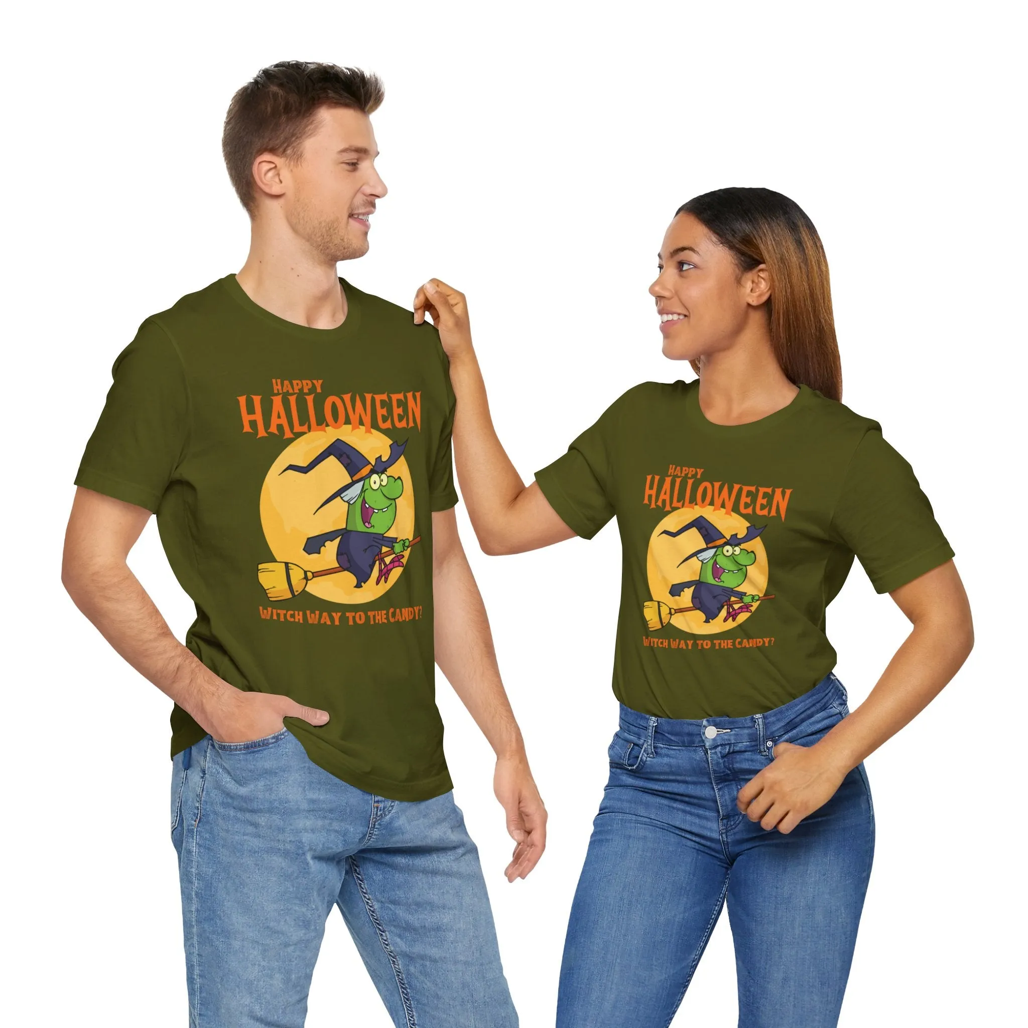 Happy Halloween Witch Way to the Candy T-Shirt | Flying Witch Front of the Moon Tee |  Bella Canvas 3001Unisex | Funny Short Sleeve Tshirt