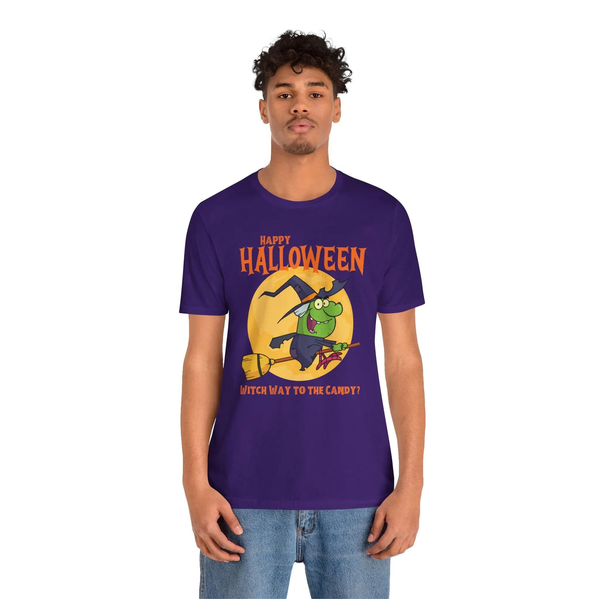 Happy Halloween Witch Way to the Candy T-Shirt | Flying Witch Front of the Moon Tee |  Bella Canvas 3001Unisex | Funny Short Sleeve Tshirt