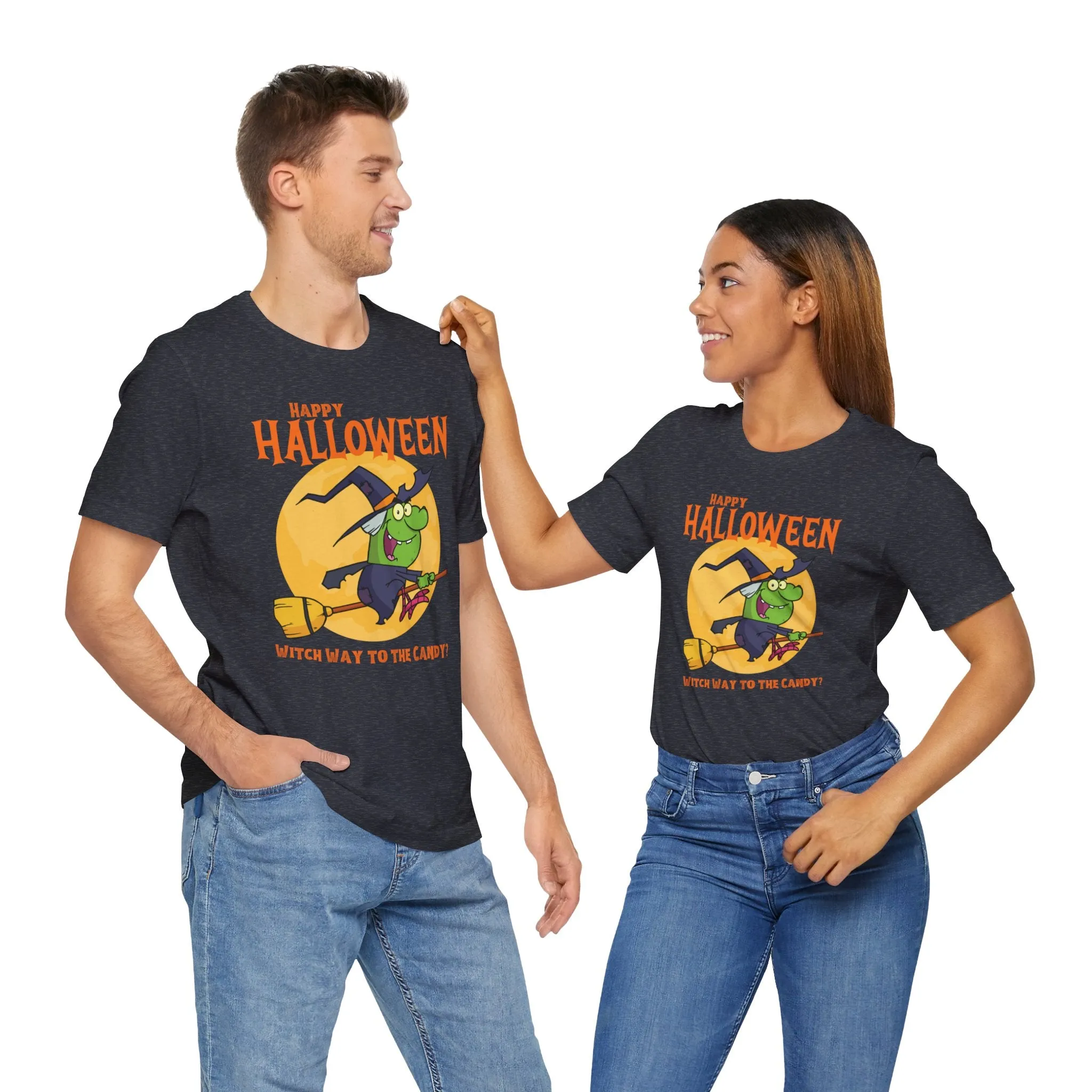 Happy Halloween Witch Way to the Candy T-Shirt | Flying Witch Front of the Moon Tee |  Bella Canvas 3001Unisex | Funny Short Sleeve Tshirt