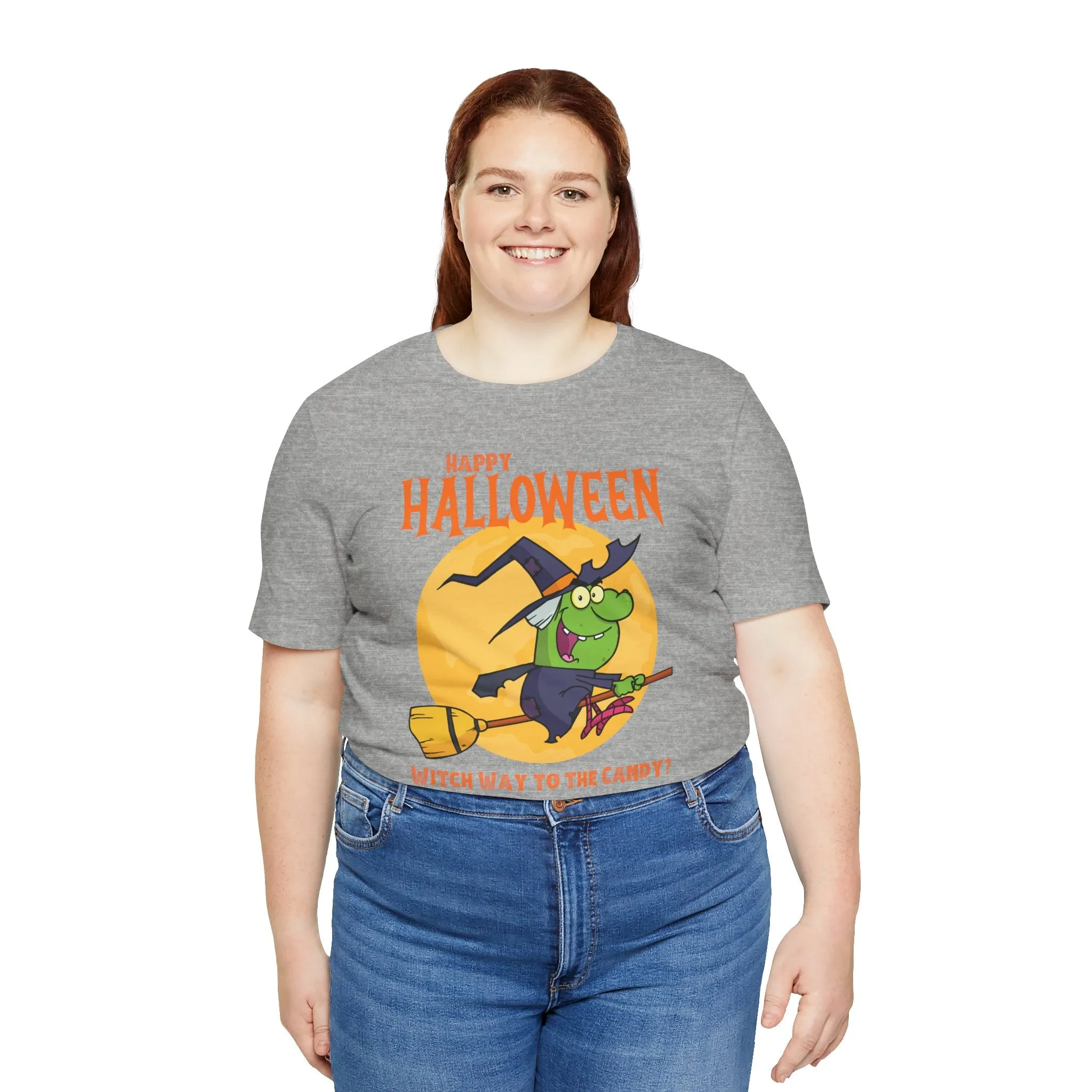 Happy Halloween Witch Way to the Candy T-Shirt | Flying Witch Front of the Moon Tee |  Bella Canvas 3001Unisex | Funny Short Sleeve Tshirt