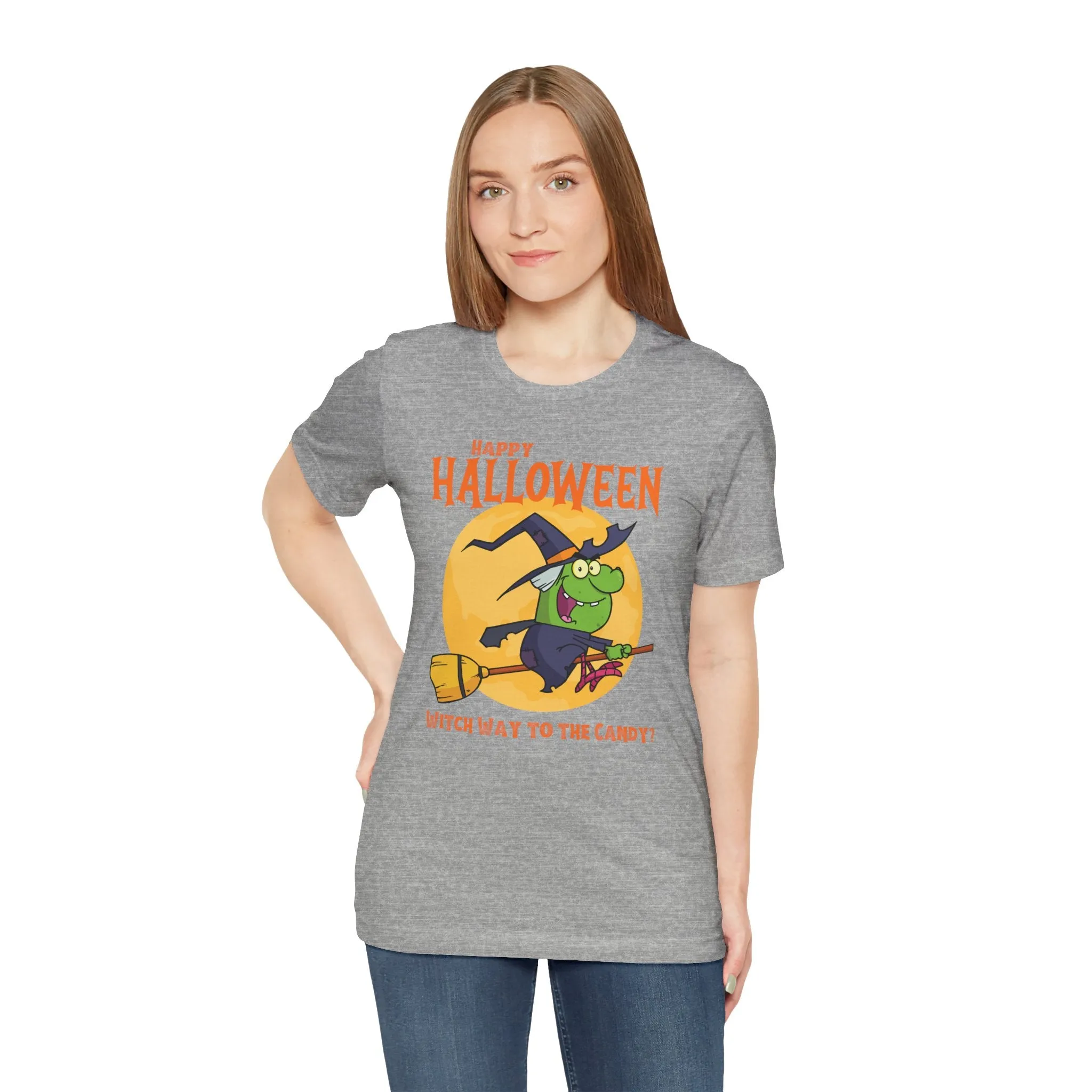 Happy Halloween Witch Way to the Candy T-Shirt | Flying Witch Front of the Moon Tee |  Bella Canvas 3001Unisex | Funny Short Sleeve Tshirt