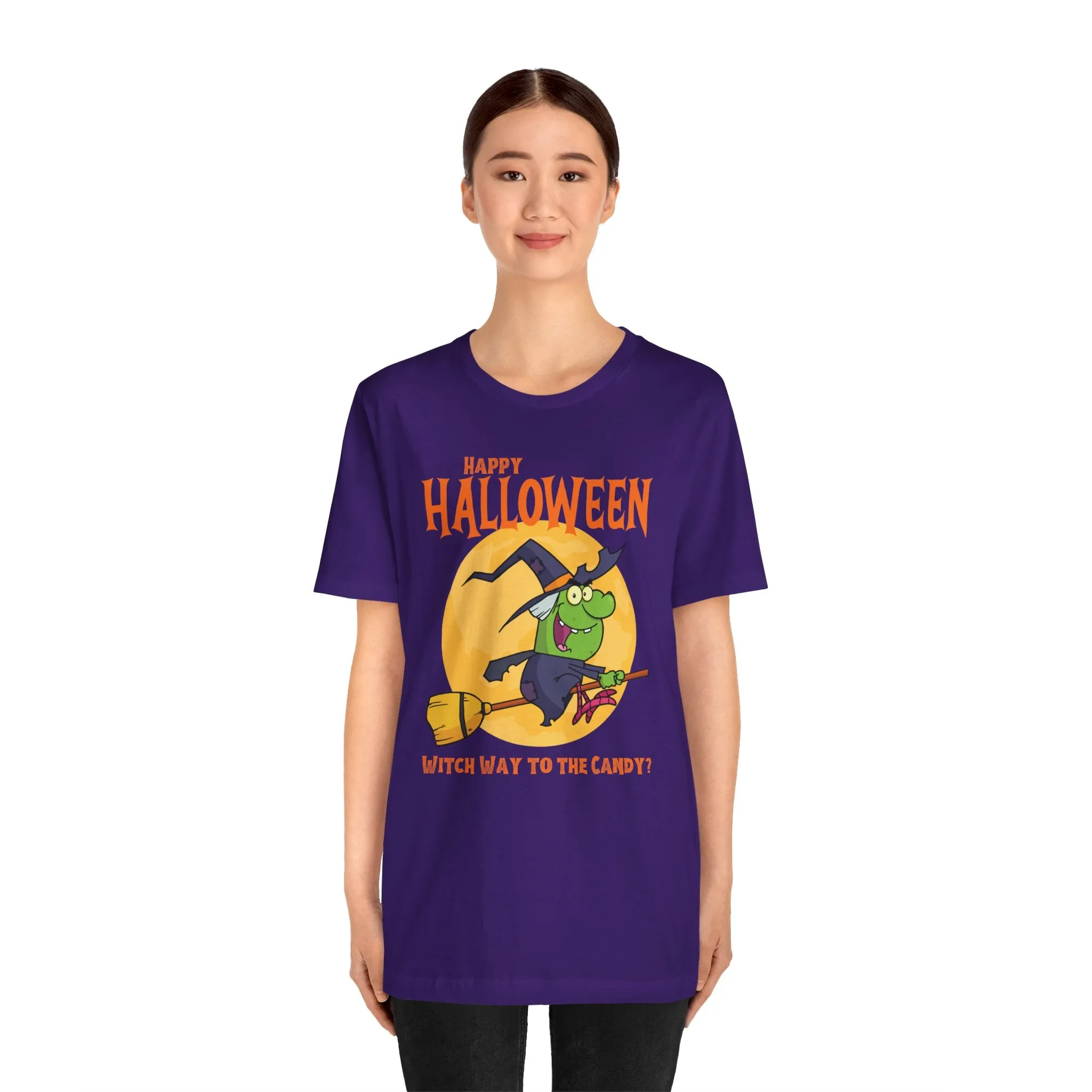 Happy Halloween Witch Way to the Candy T-Shirt | Flying Witch Front of the Moon Tee |  Bella Canvas 3001Unisex | Funny Short Sleeve Tshirt