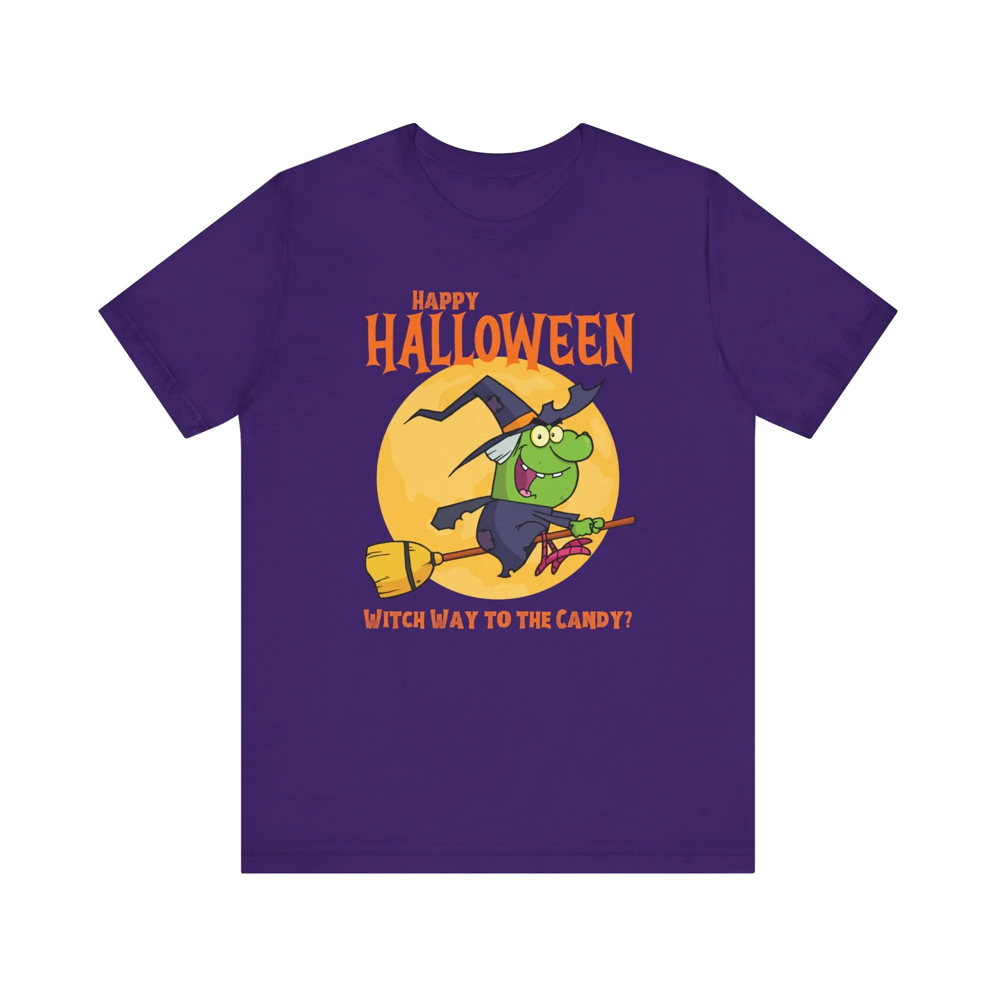 Happy Halloween Witch Way to the Candy T-Shirt | Flying Witch Front of the Moon Tee |  Bella Canvas 3001Unisex | Funny Short Sleeve Tshirt