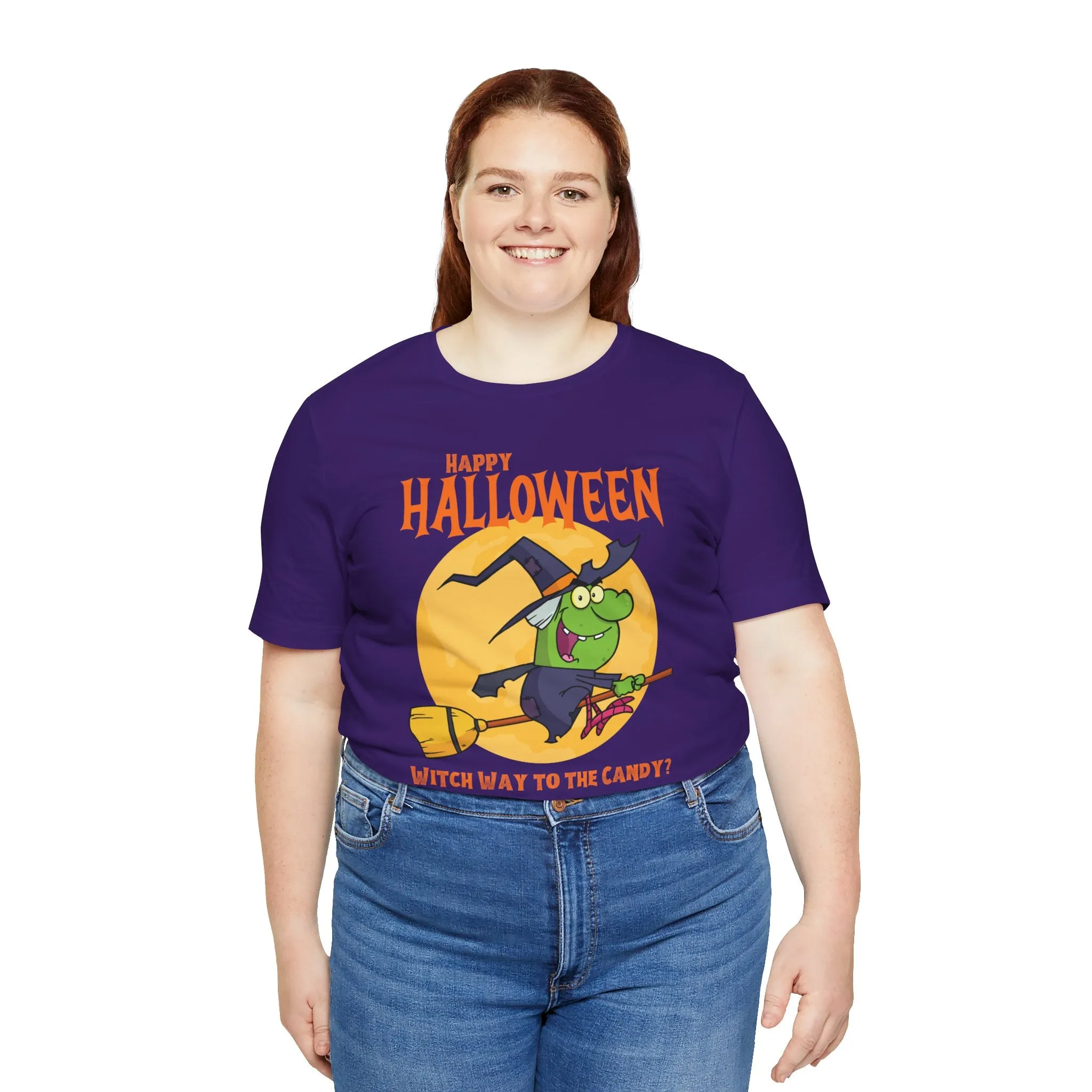 Happy Halloween Witch Way to the Candy T-Shirt | Flying Witch Front of the Moon Tee |  Bella Canvas 3001Unisex | Funny Short Sleeve Tshirt