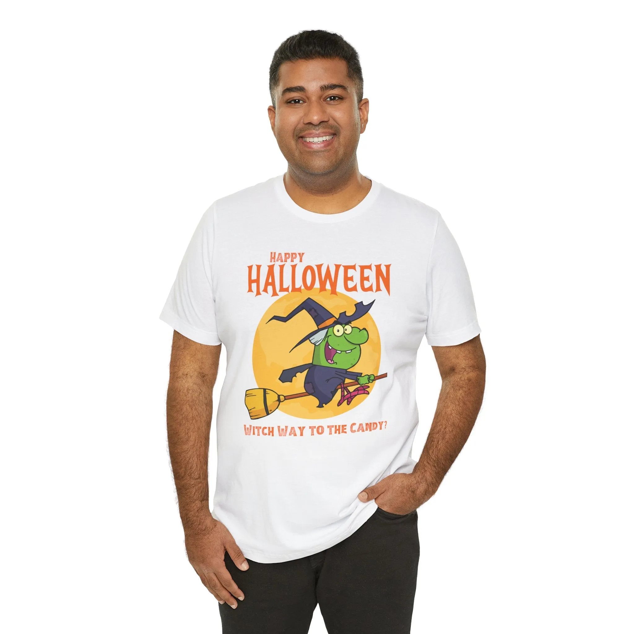 Happy Halloween Witch Way to the Candy T-Shirt | Flying Witch Front of the Moon Tee |  Bella Canvas 3001Unisex | Funny Short Sleeve Tshirt