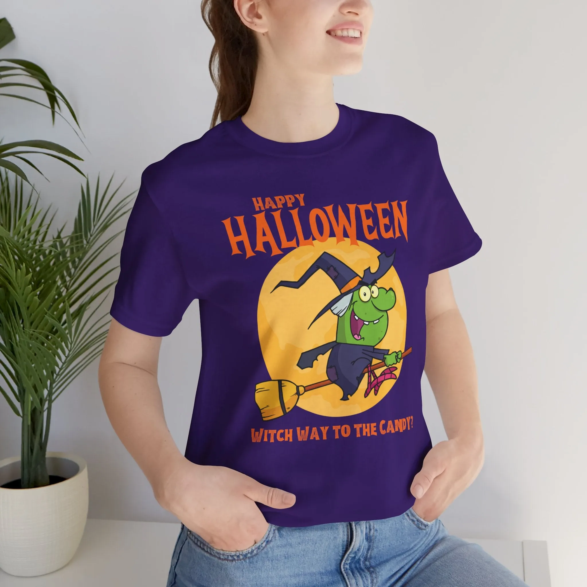 Happy Halloween Witch Way to the Candy T-Shirt | Flying Witch Front of the Moon Tee |  Bella Canvas 3001Unisex | Funny Short Sleeve Tshirt