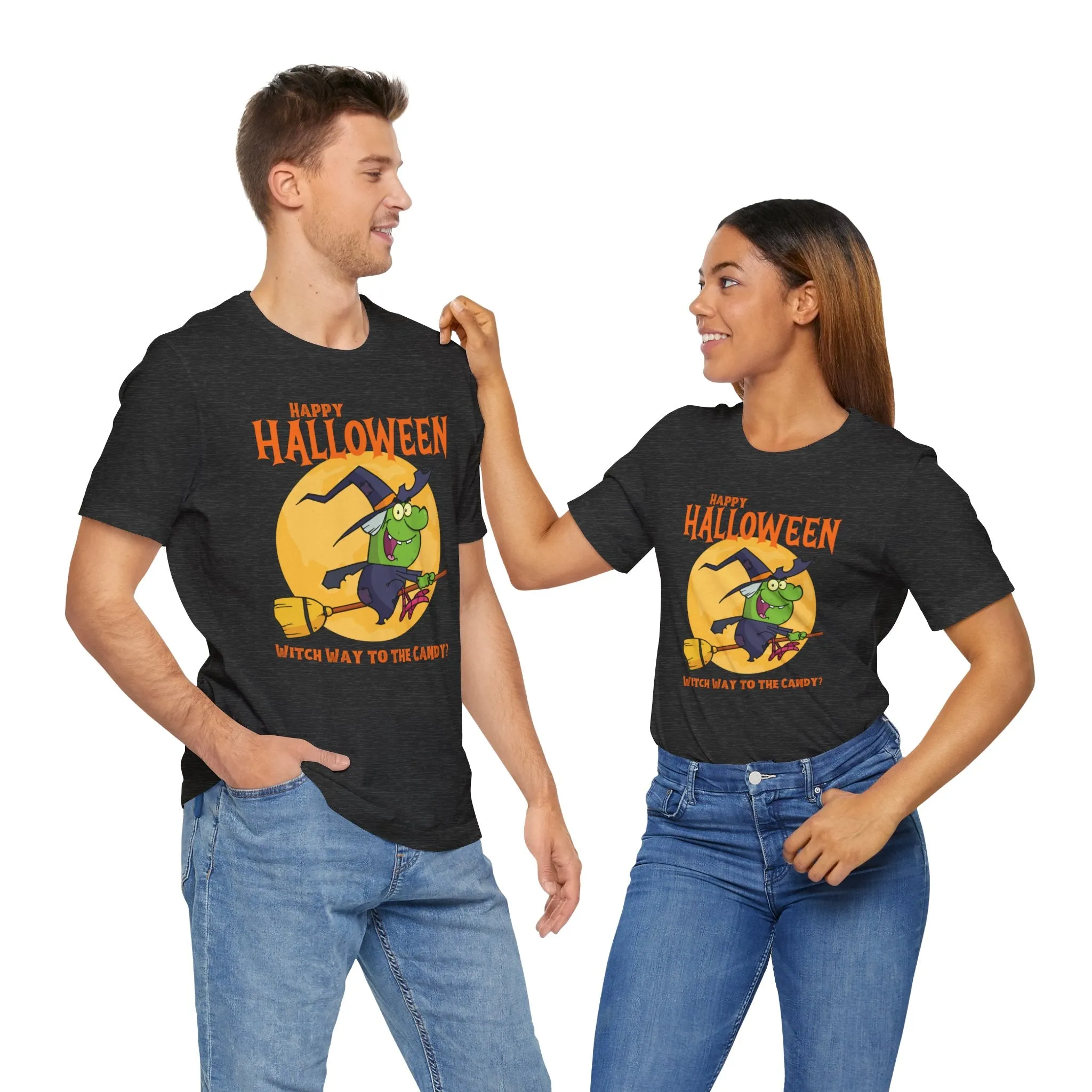 Happy Halloween Witch Way to the Candy T-Shirt | Flying Witch Front of the Moon Tee |  Bella Canvas 3001Unisex | Funny Short Sleeve Tshirt